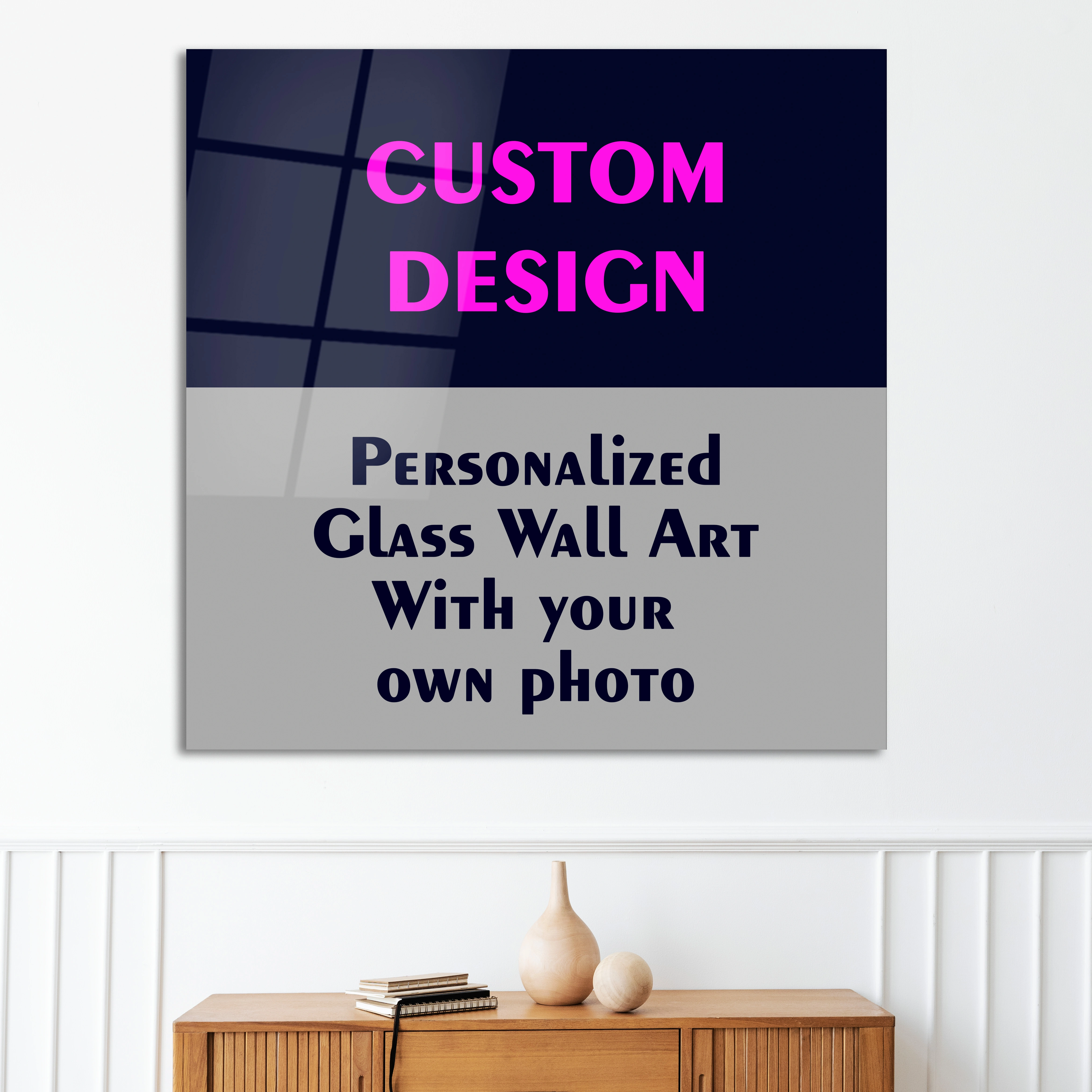 Personalized square glass wall art with your own photo: custom design preview above a wooden console