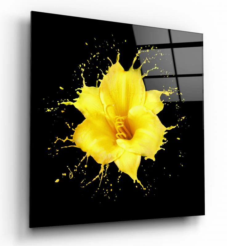 Yellow Lily Paint Splash Square Glass Wall Art, front angled view