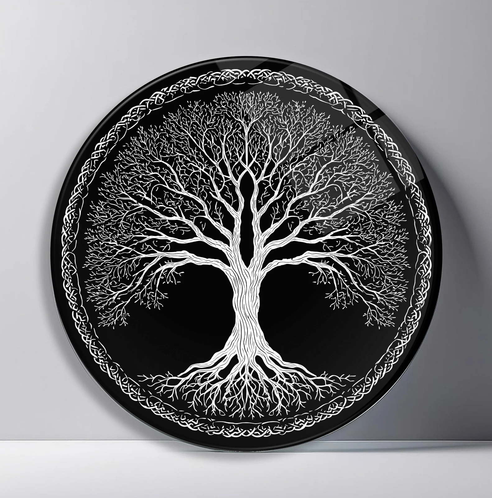 Silver Tree of Life on Black Round Glass Wall Art featuring white tree with exposed roots framed by Celtic-inspired ornament