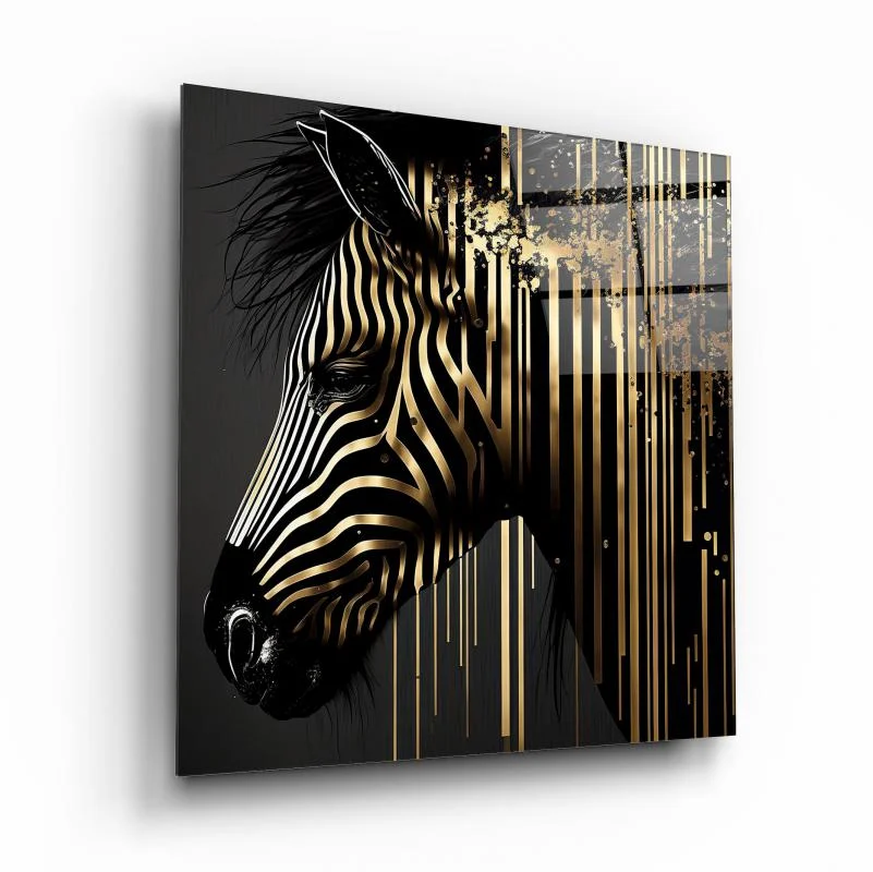 Golden Drip Zebra Portrait Square Glass Wall Art, front angled view