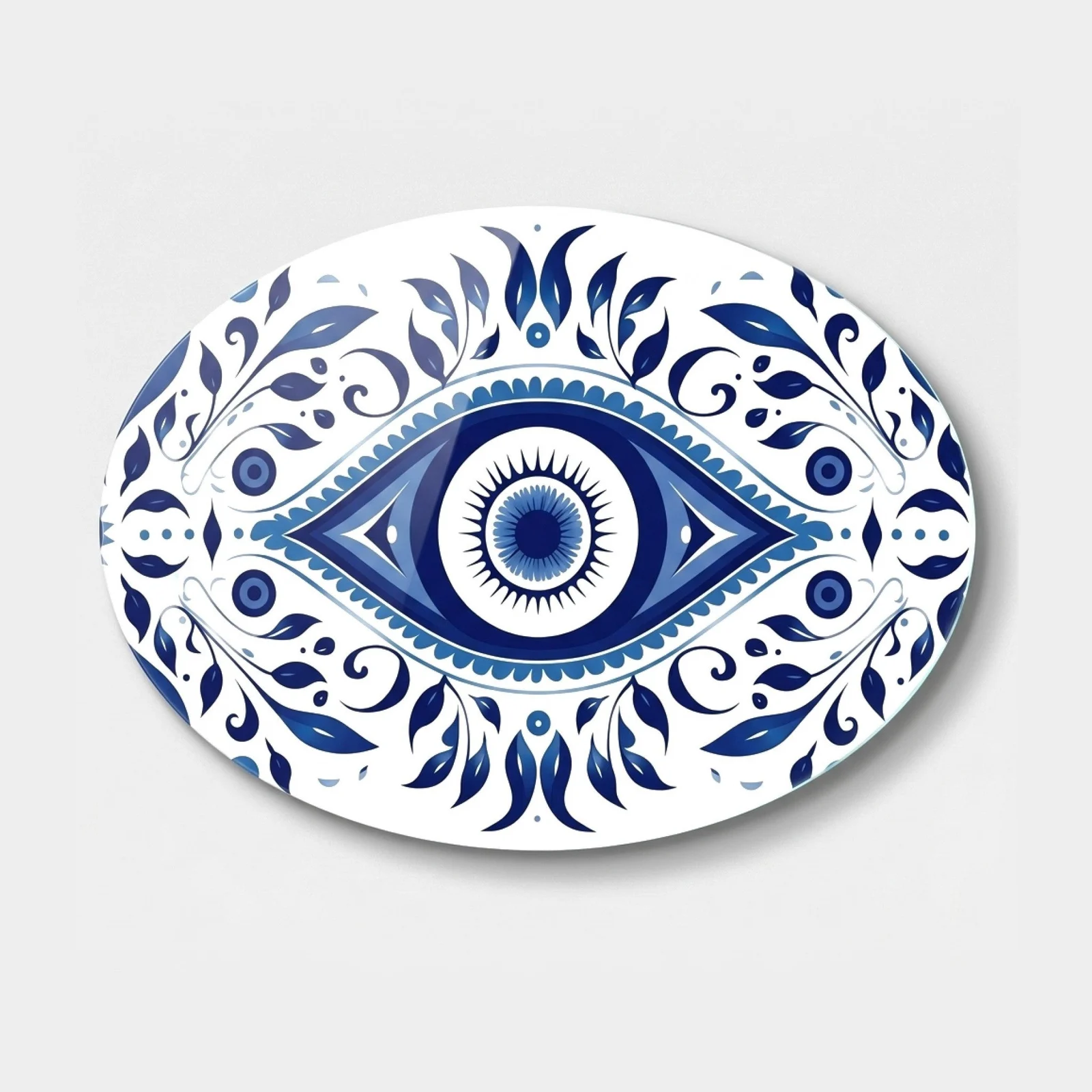 Blue Evil Eye Tile Horizontal Oval Glass Wall Art, front product view on a neutral background