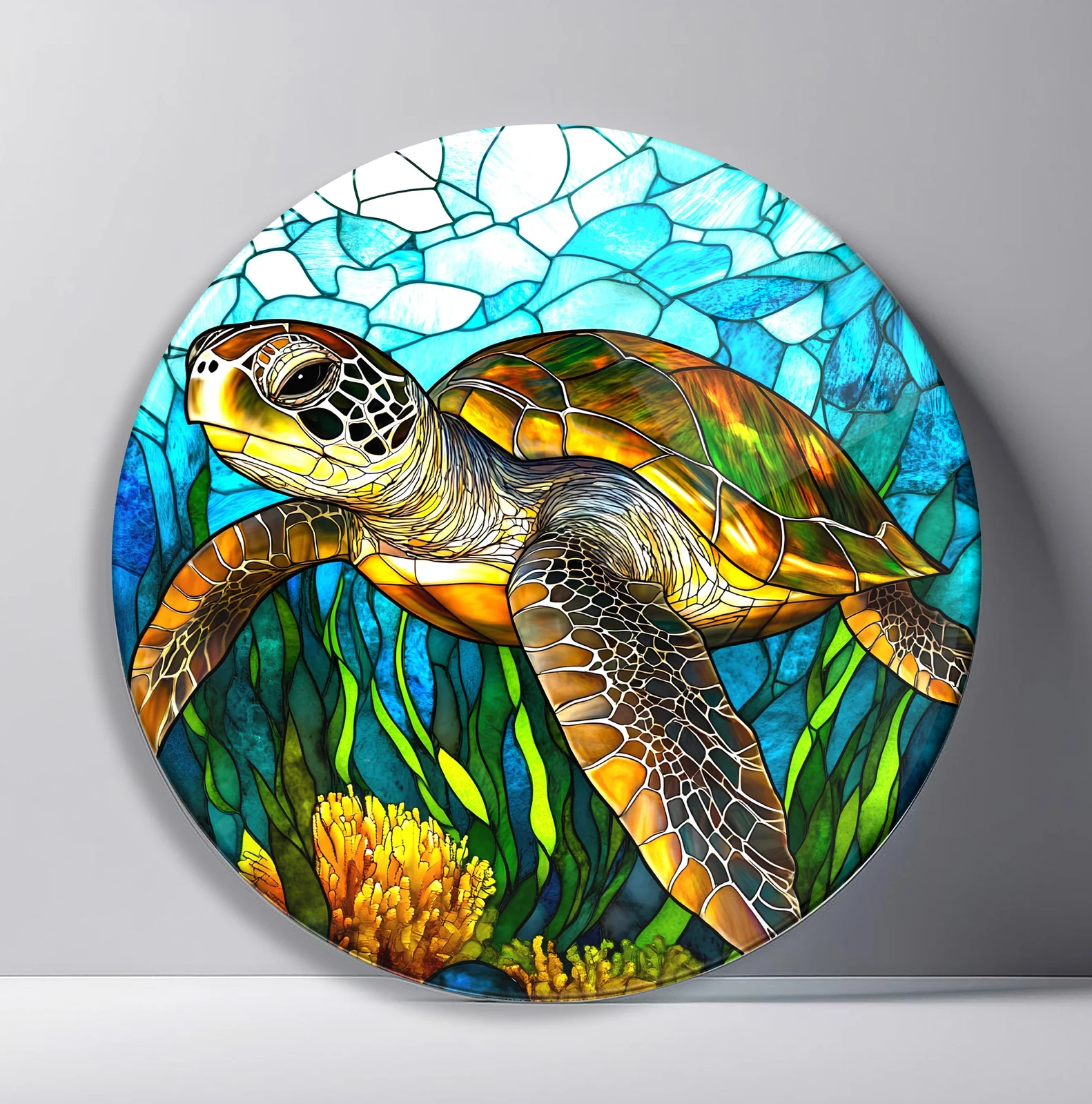 Golden Green Sea Turtle Round Glass Wall Art featuring close sea turtle swimming through turquoise water and sea plants