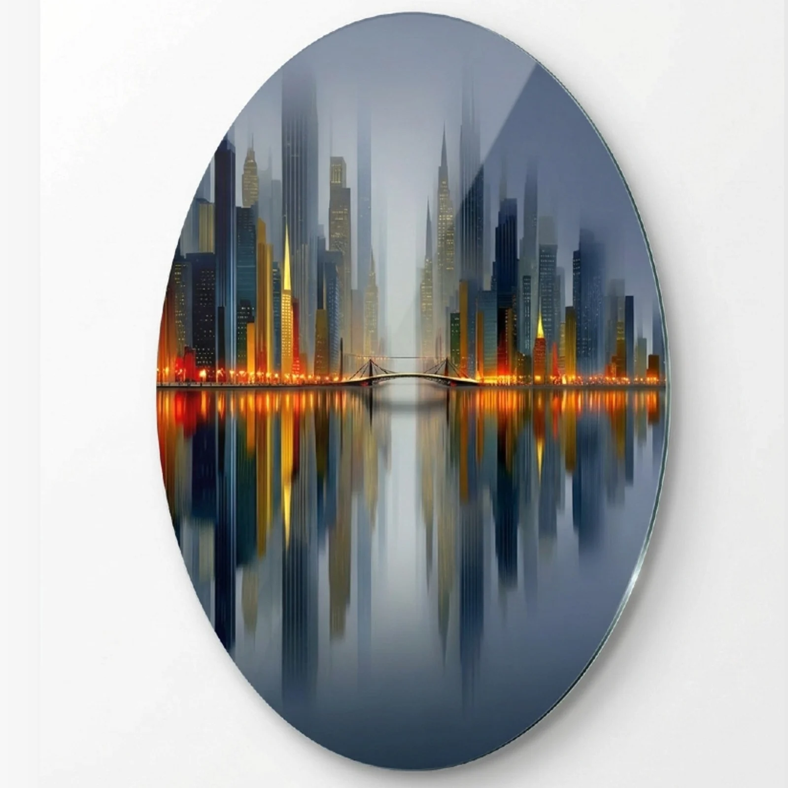 Modern City Lights Reflection Oval Glass Wall Art, front product view on a neutral background