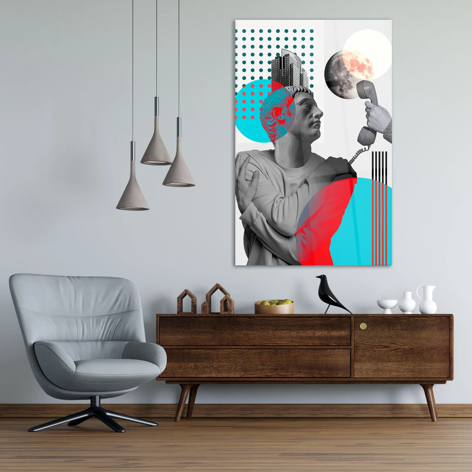 Statue and phone surreal collage glass wall art shown in a modern living room