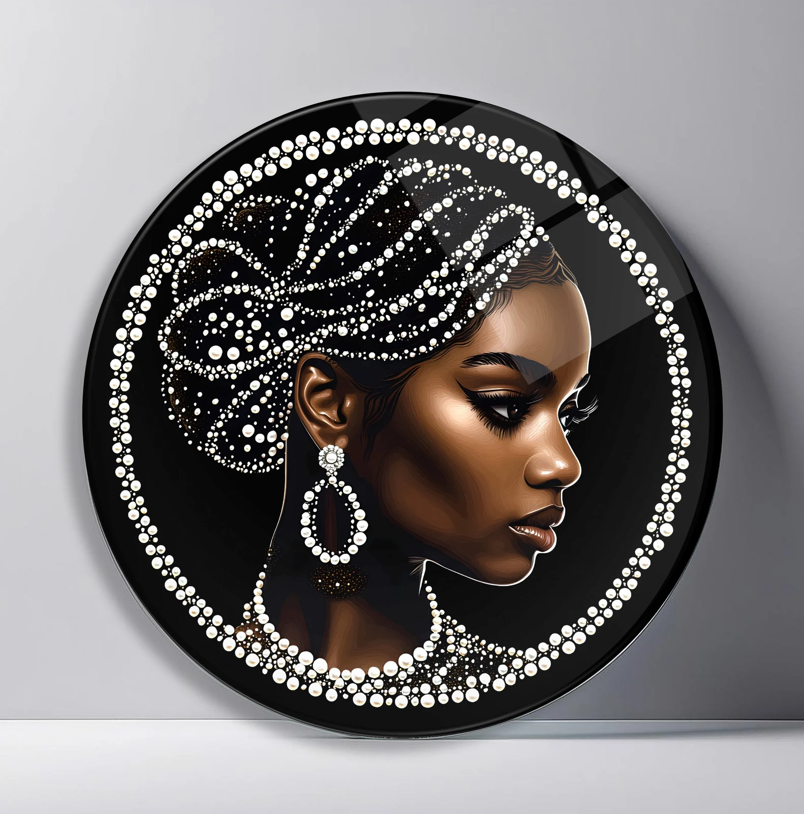 Pearl Crown African Muse Round Glass Wall Art featuring elegant Black woman in profile wearing elaborate pearl hair jewelry
