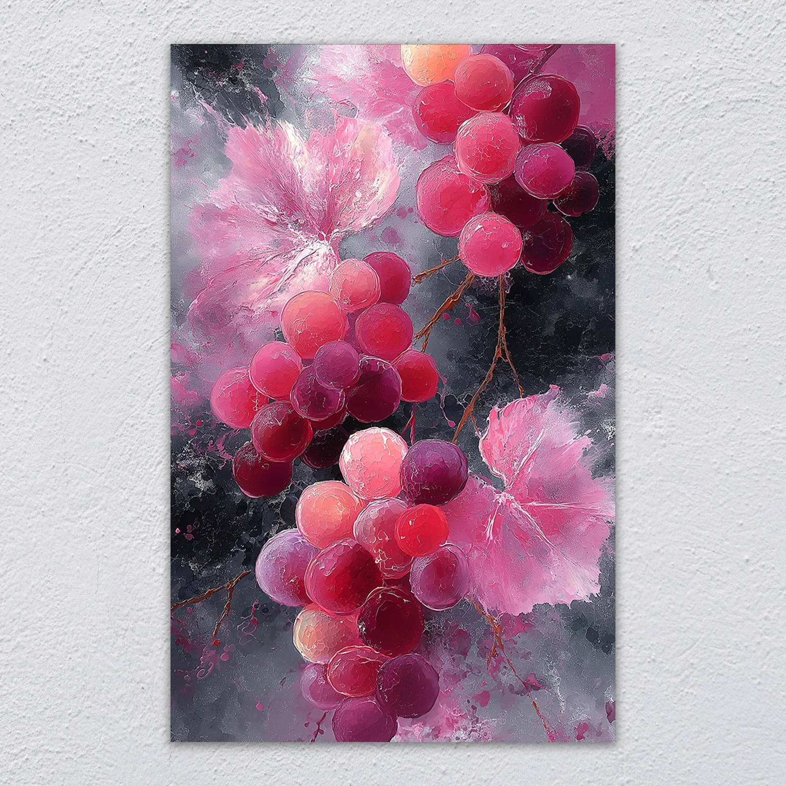 Red and purple grapes painting glass wall art shown in a modern living room