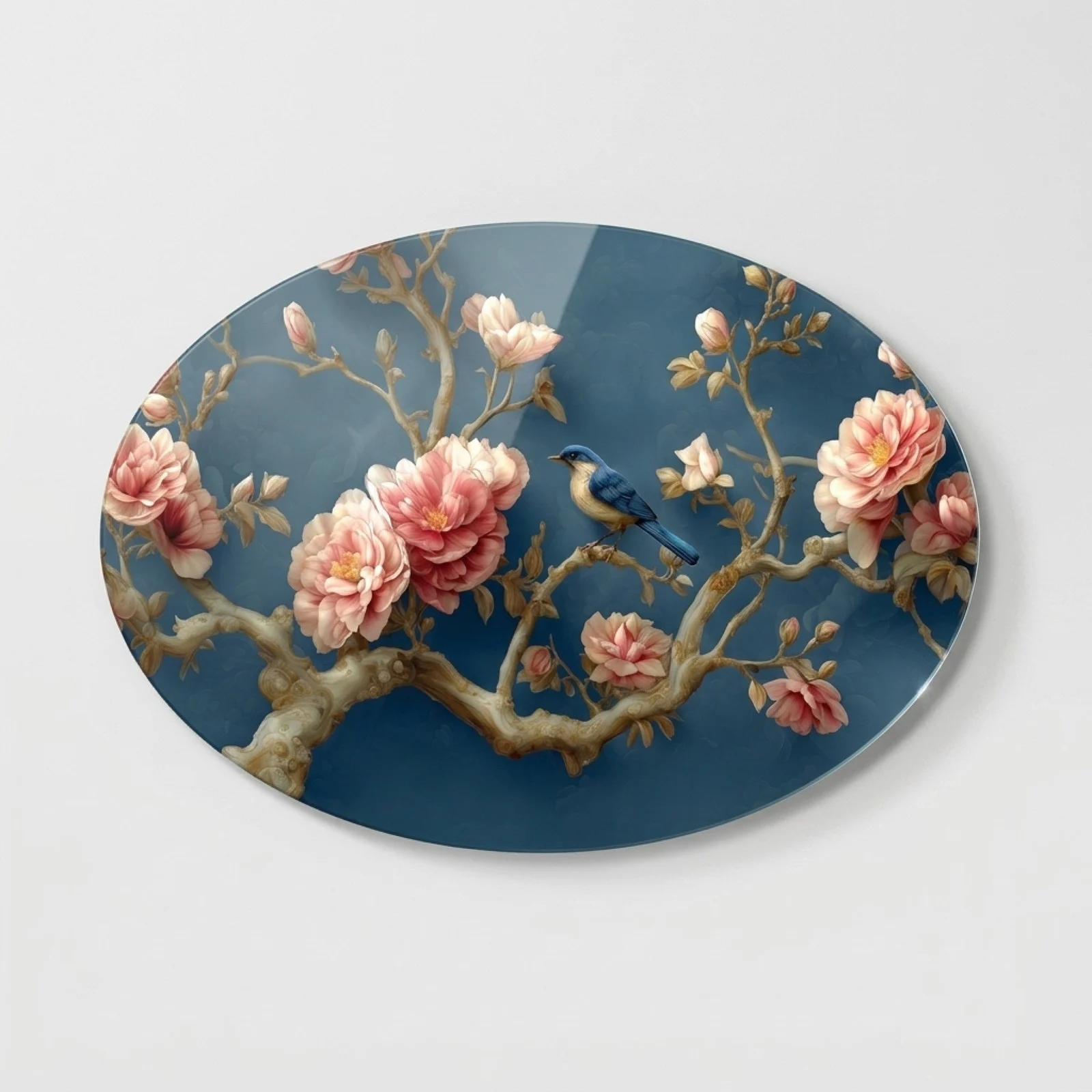 Magnolia Branch and Birds Horizontal Oval Glass Wall Art, front product view on a neutral background