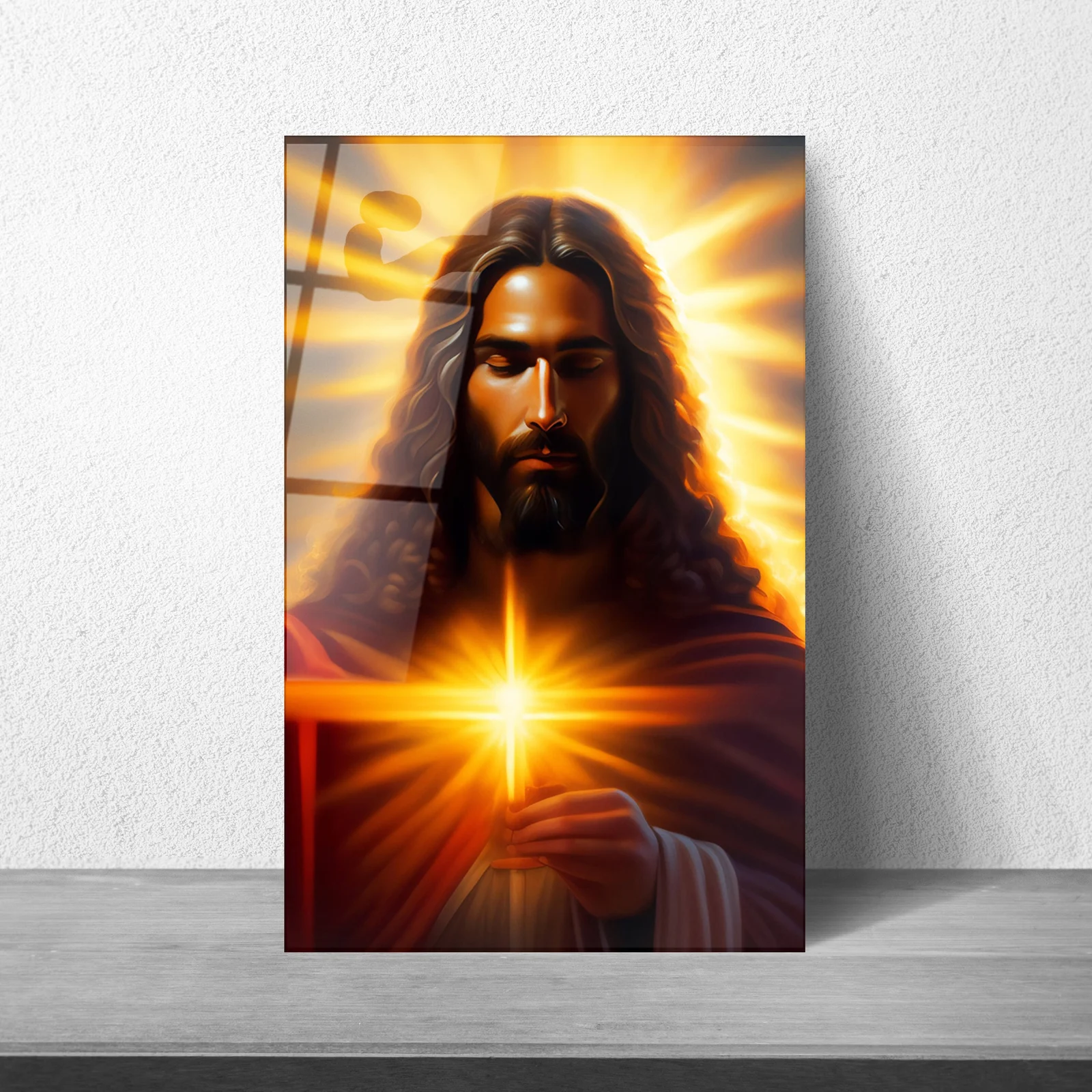 Radiant Jesus with a cross glass wall art styled in a contemporary interior