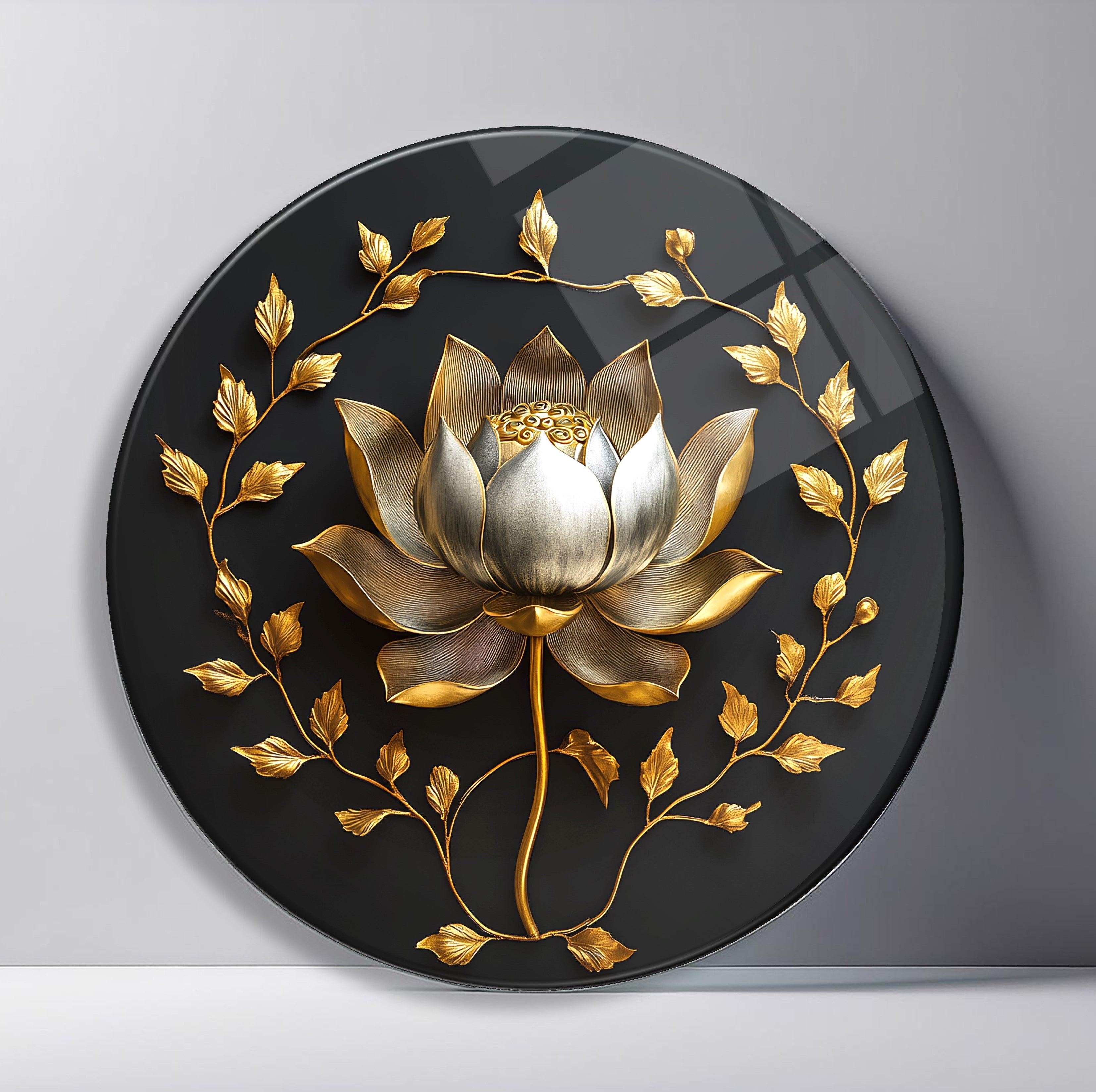 Golden Lotus on Black Round Glass Wall Art featuring metallic lotus bloom encircled by a delicate gold leaf wreath
