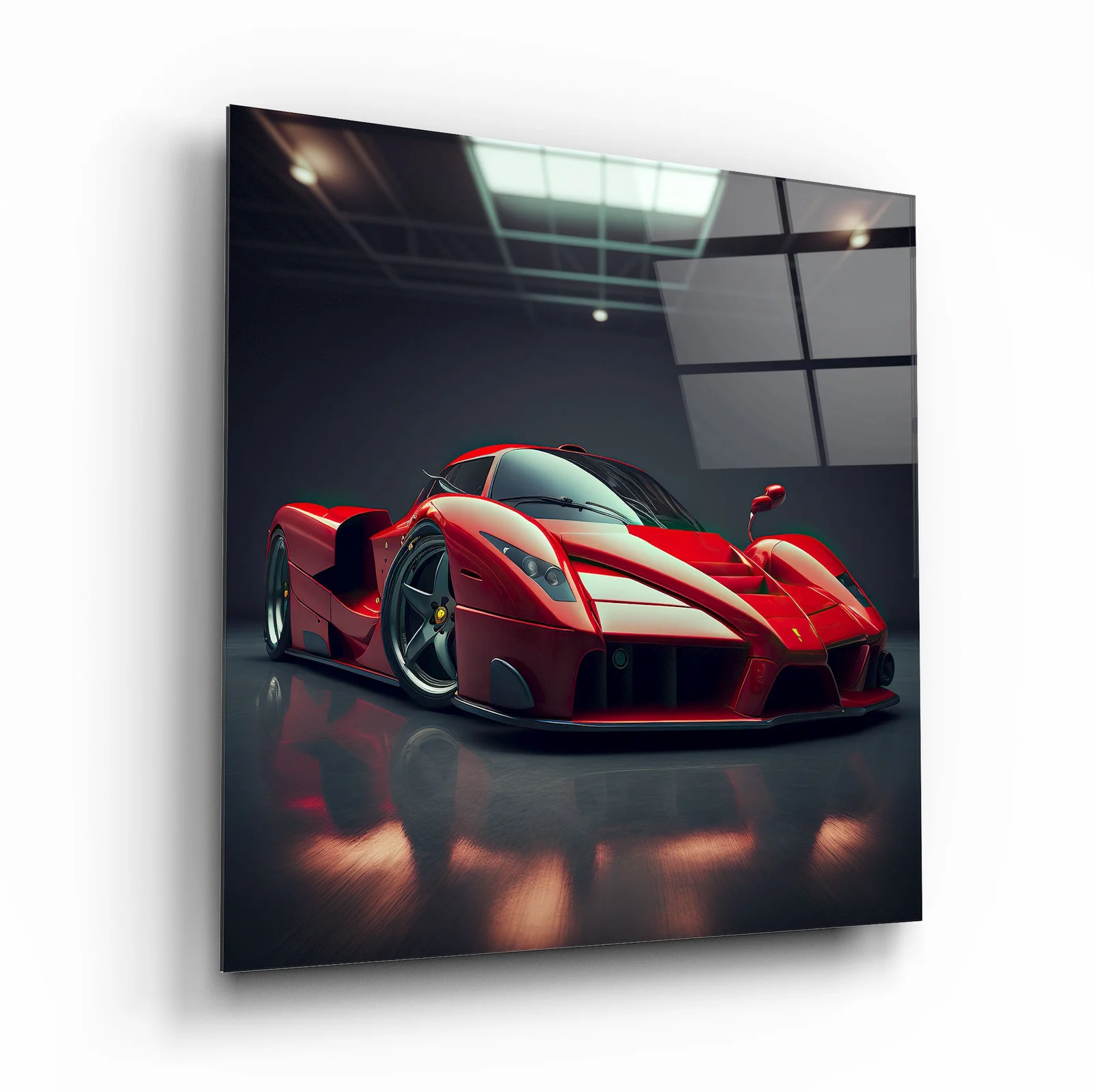 Red Supercar in Neon Garage Square Glass Wall Art, front angled view
