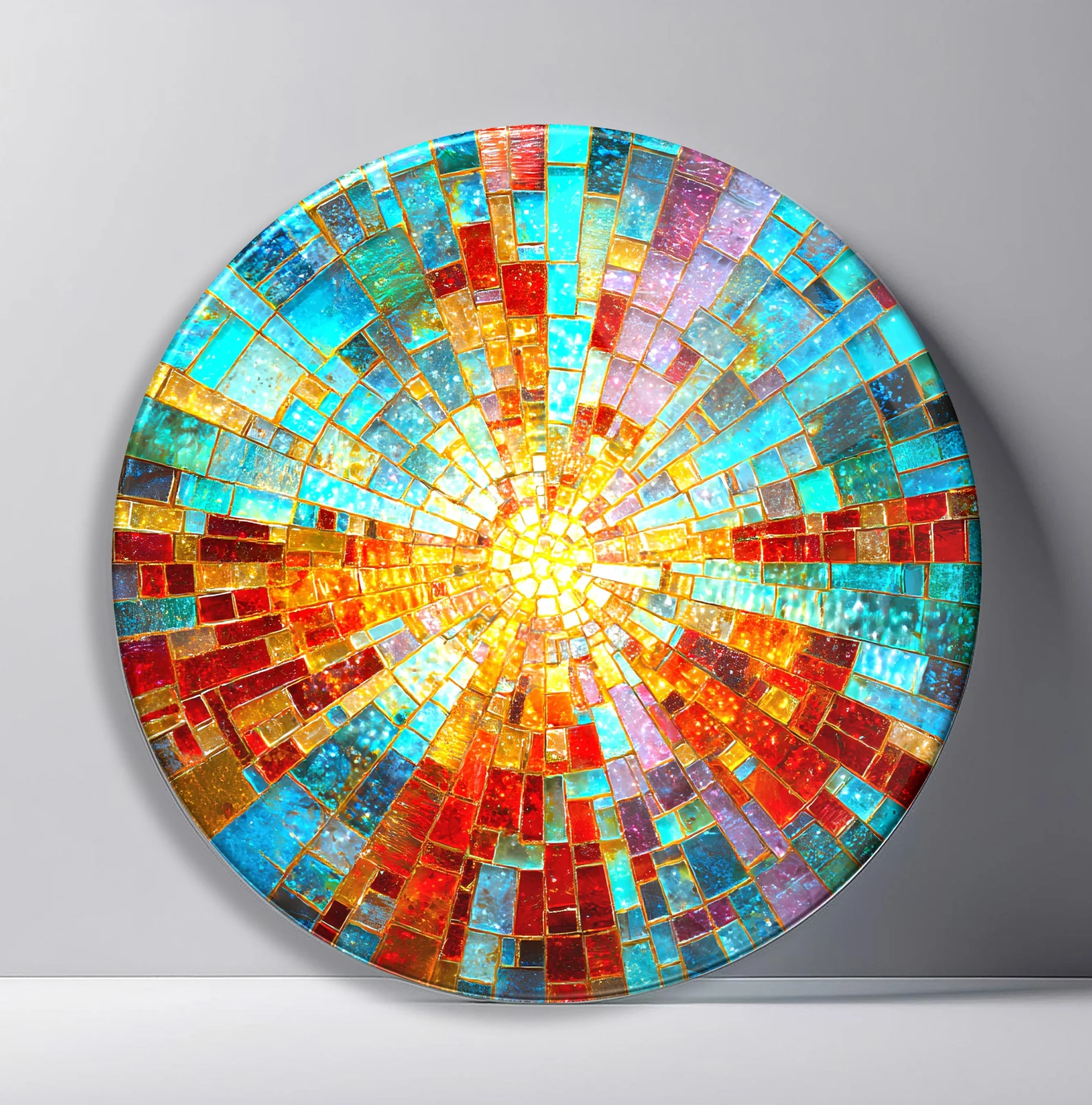 Turquoise Coral Sunrise Mosaic Round Glass Wall Art featuring warm central glow spreading through turquoise and coral tile rays