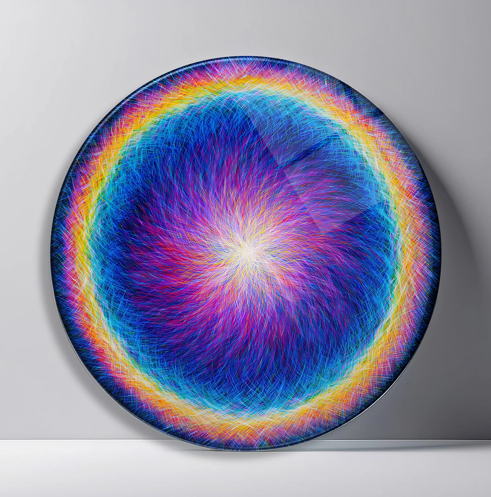 Electric Rainbow Aura Round Glass Wall Art featuring fine luminous fibers expanding into a rainbow-edged energy sphere