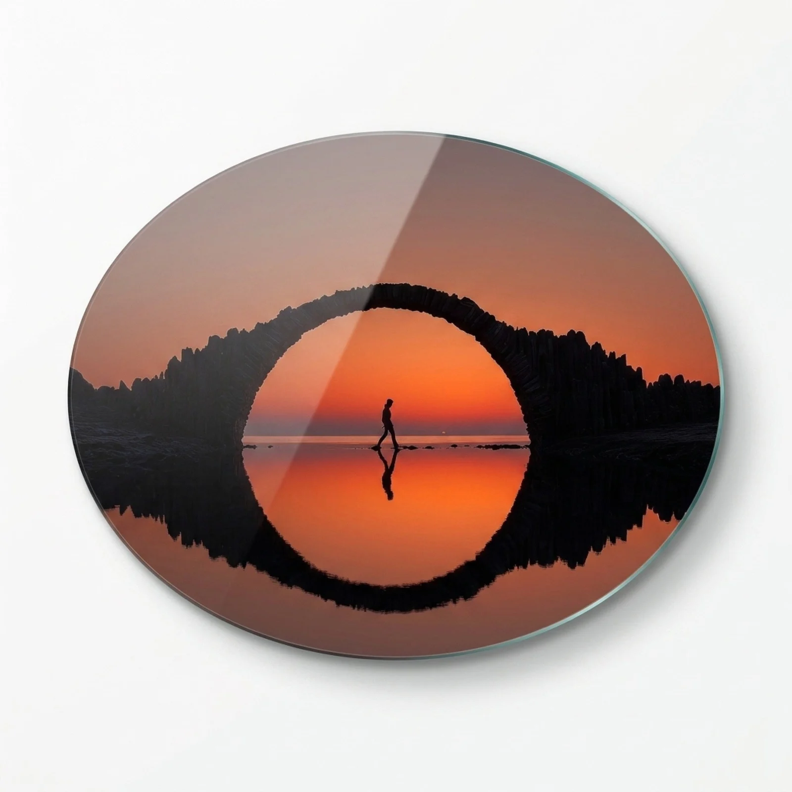 Rakotz Bridge Sunset Reflection Horizontal Oval Glass Wall Art, front product view on a neutral background
