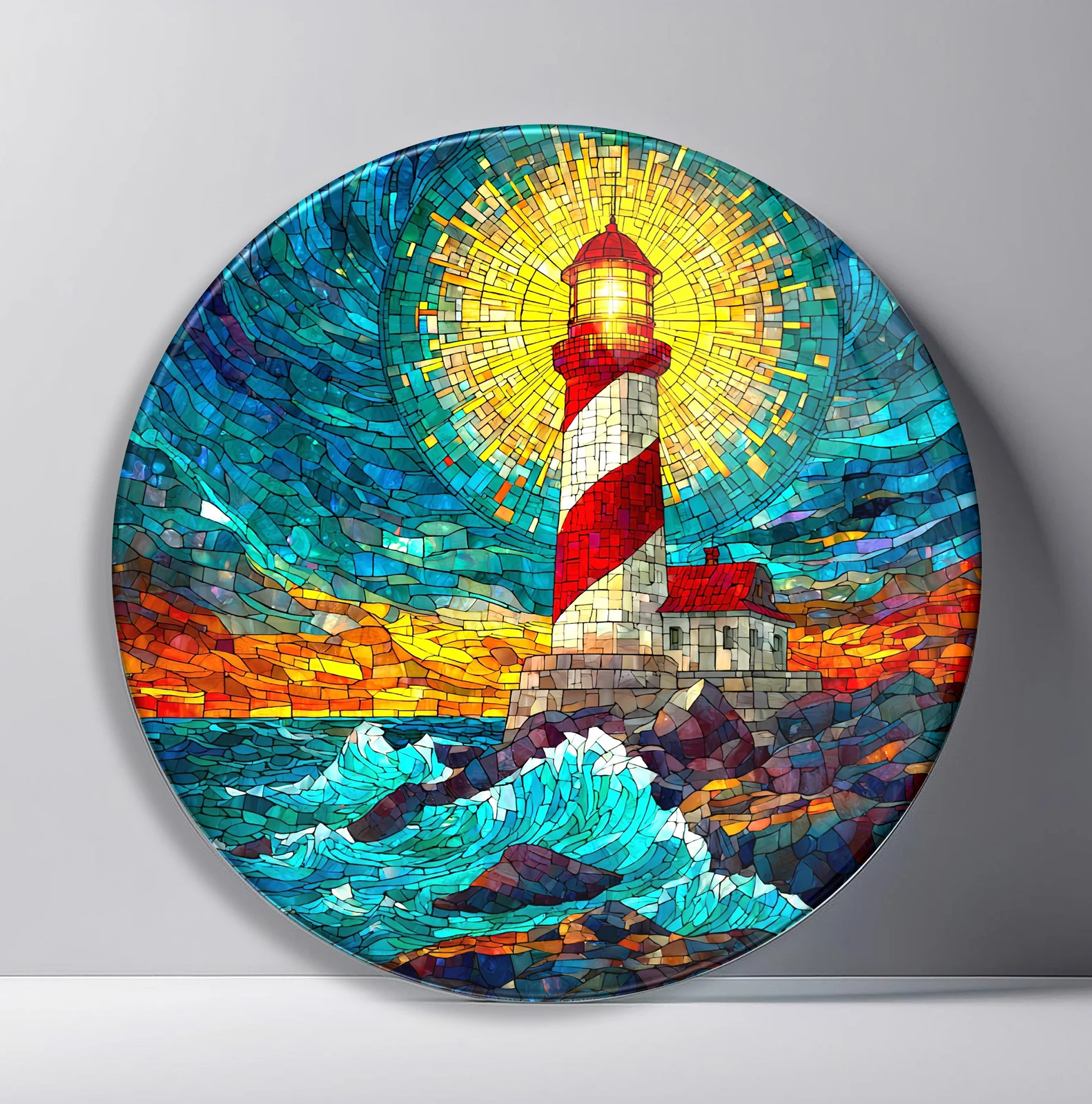 Sunset Lighthouse Mosaic Round Glass Wall Art featuring red and white lighthouse above stormy mosaic waves at sunset