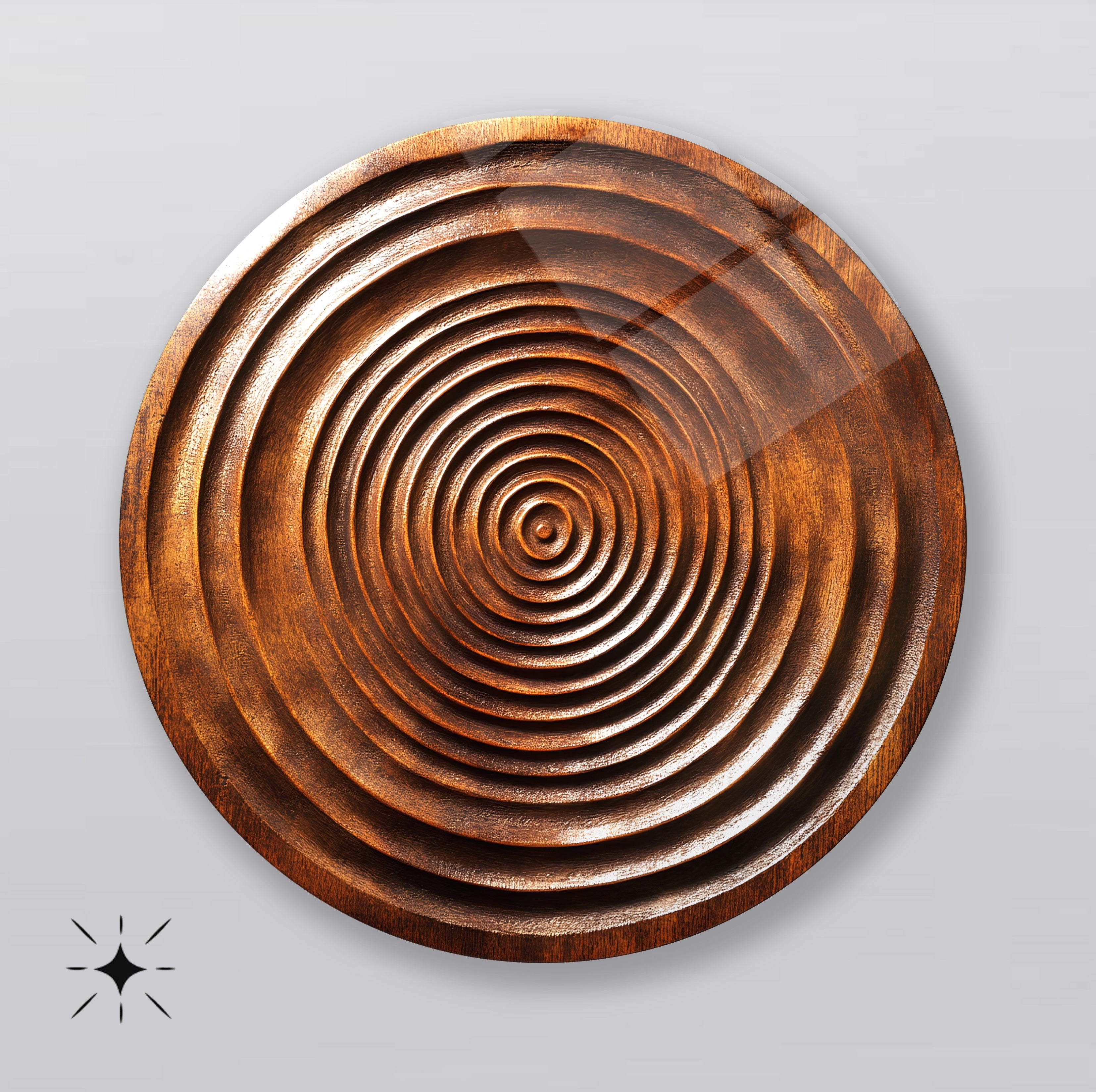 Carved Copper Spiral Round Glass Wall Art front view, leaning against a neutral wall