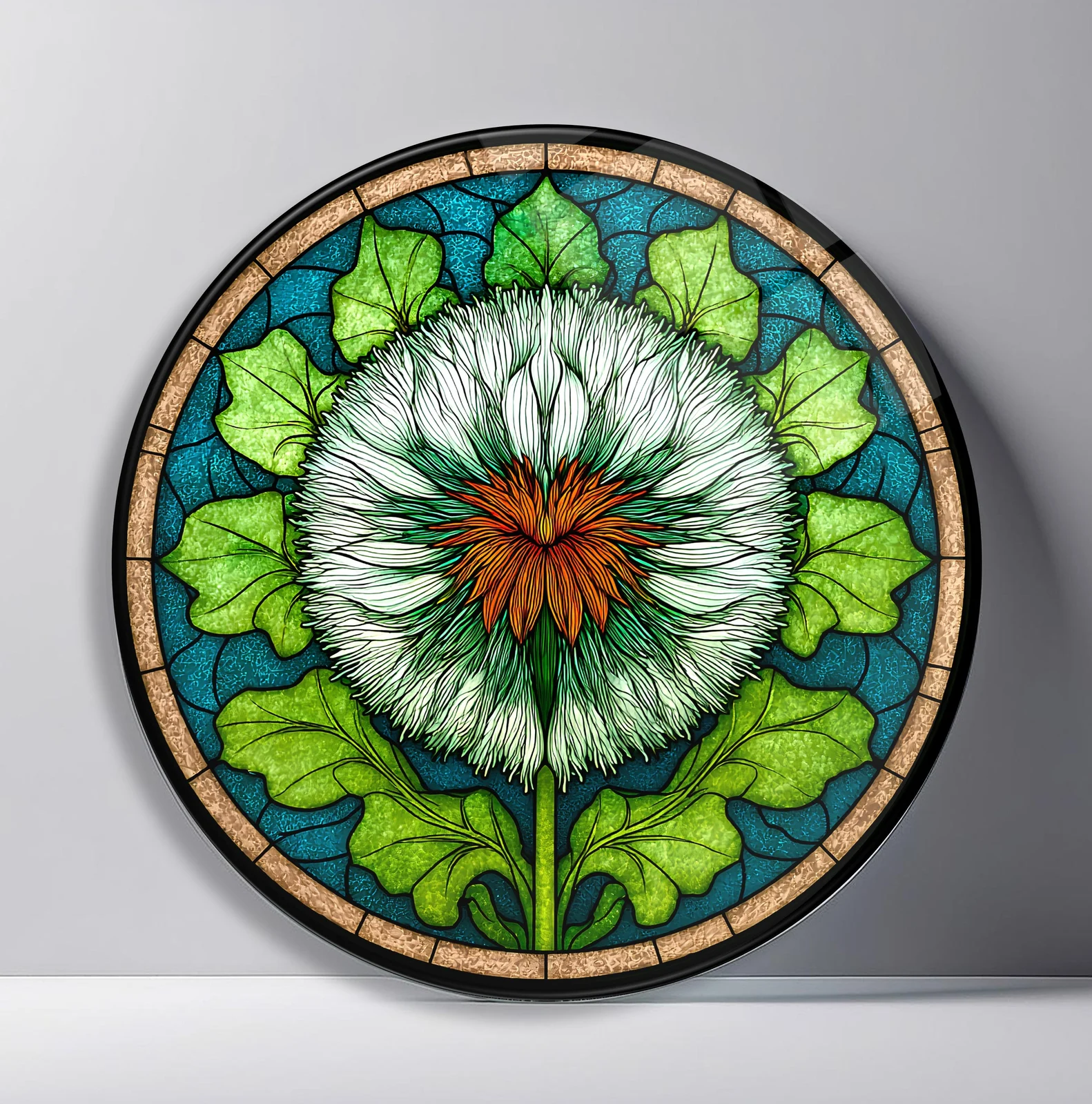Dandelion Bloom Mandala Round Glass Wall Art featuring large white dandelion framed by layered green leaves