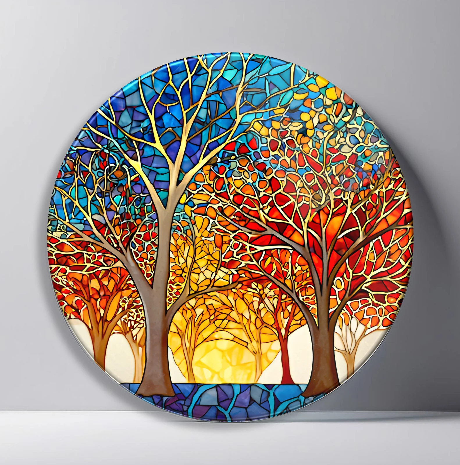 Autumn Forest Sunrise Round Glass Wall Art featuring red and gold trees arching around a glowing forest sunrise
