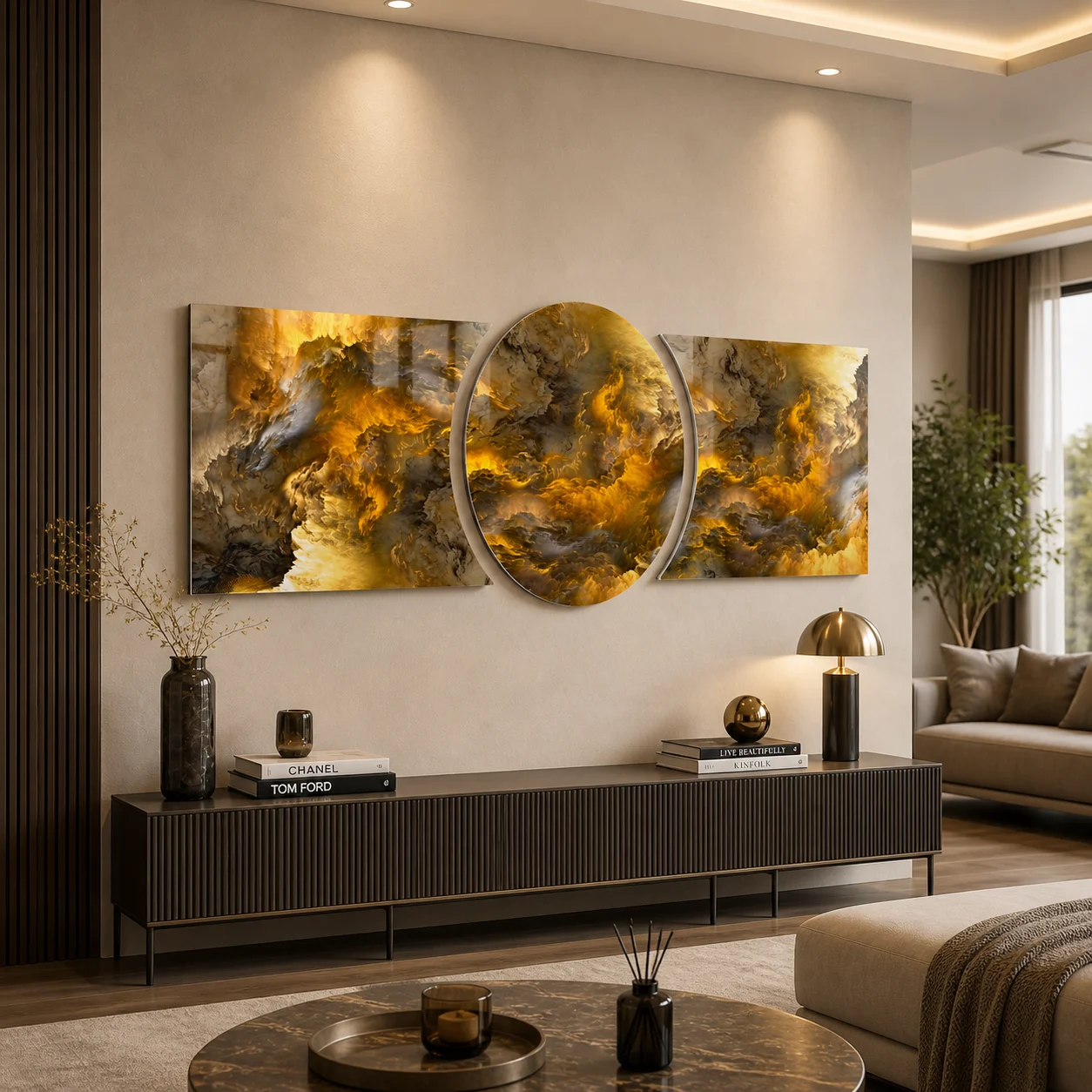 Golden Storm Custom-Cut Three-Piece Glass Wall Art, displayed above a console in a warm modern living room