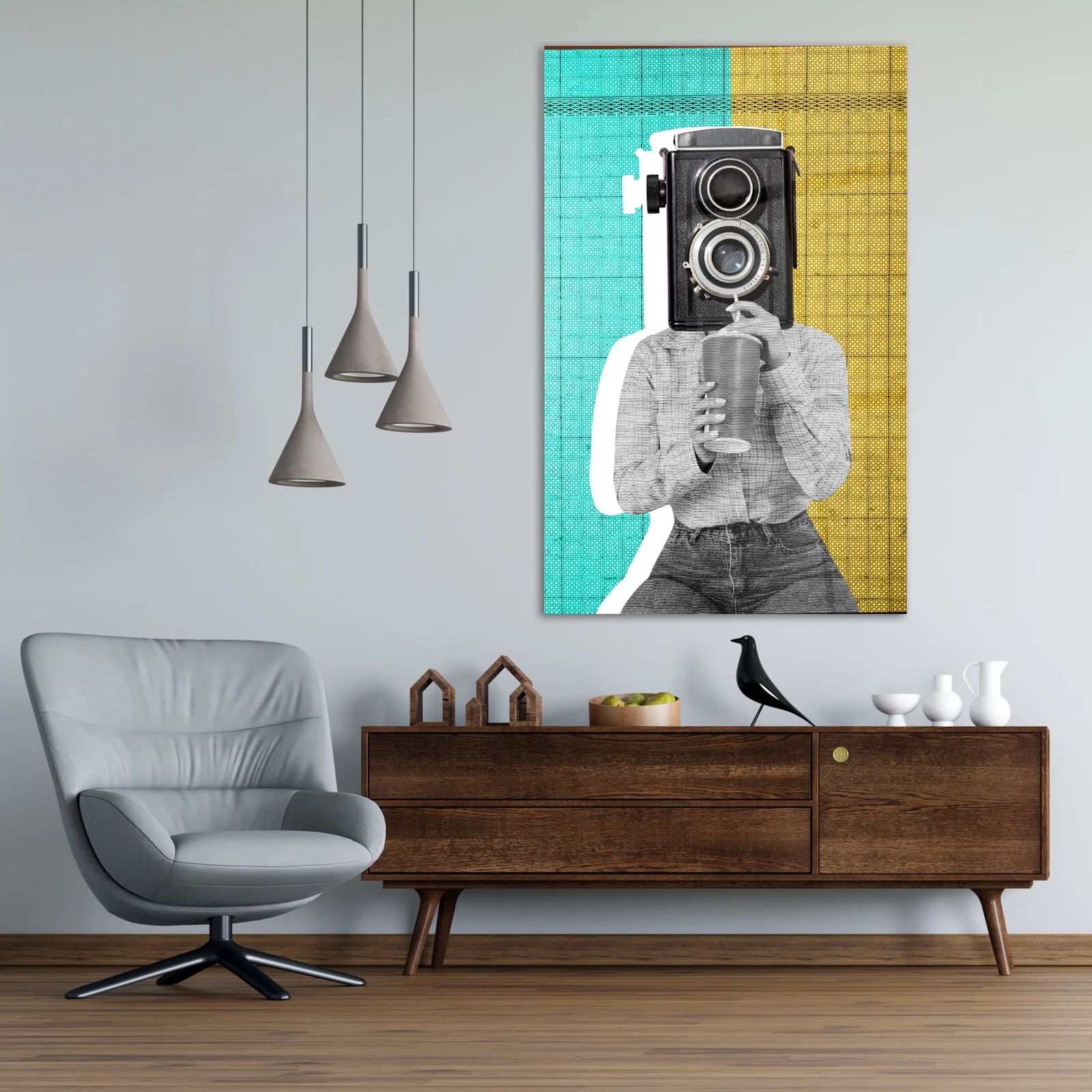 Retro camera-head collage glass wall art shown in a modern living room