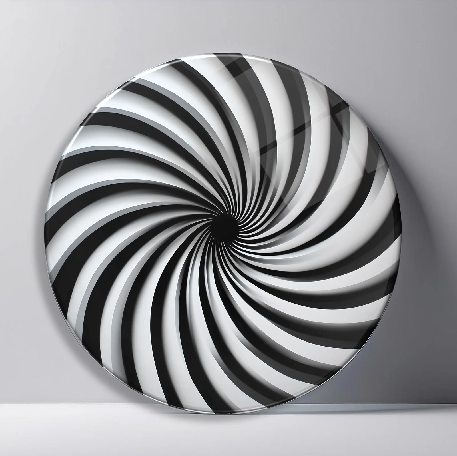 Black White Hypnotic Spiral Round Glass Wall Art featuring bold monochrome blades twisting toward a central vortex