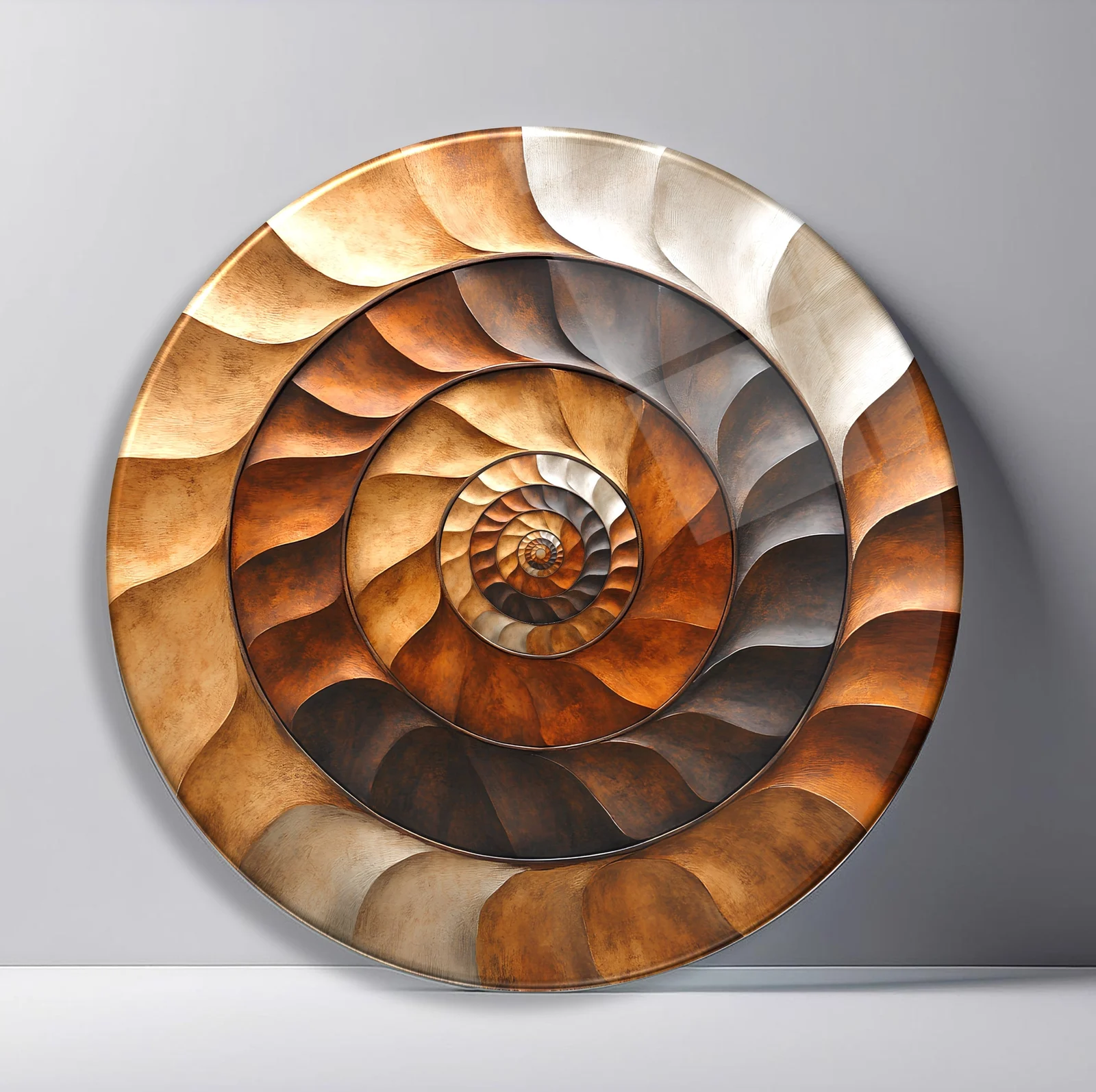 Copper Nautilus Shell Round Glass Wall Art featuring metallic copper and silver shell segments spiraling inward