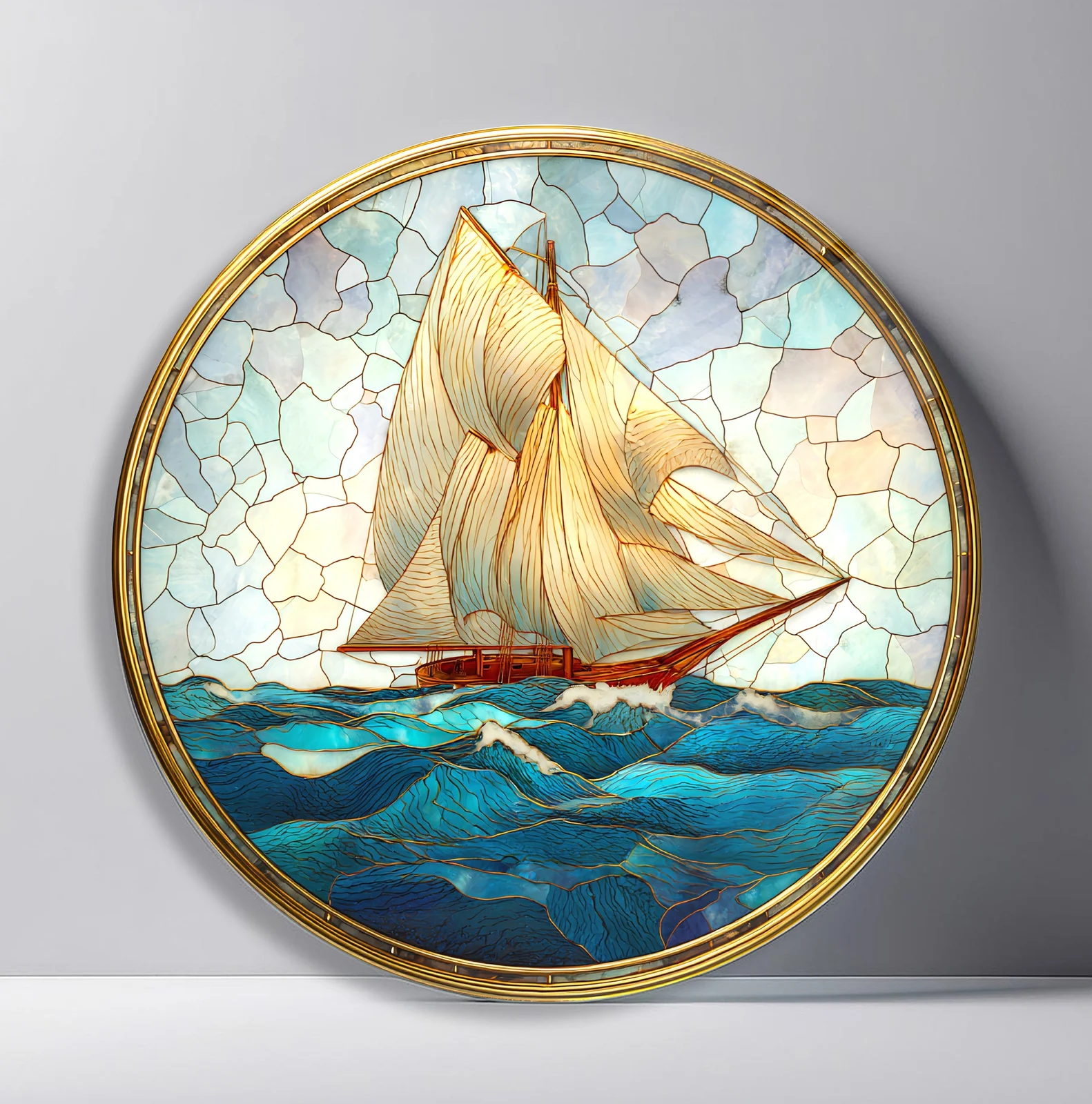 Golden Sailboat on Blue Waves Round Glass Wall Art featuring cream sailing boat cutting across layered blue waves