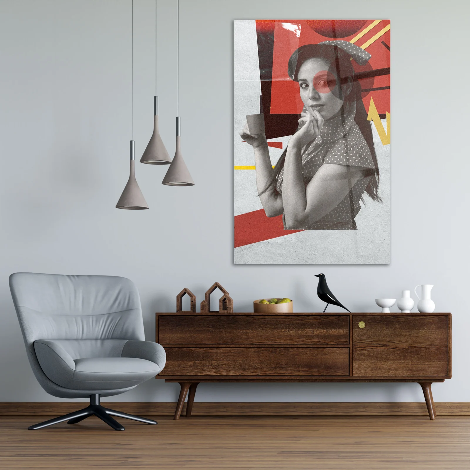 Retro coffee collage portrait glass wall art shown in a modern living room