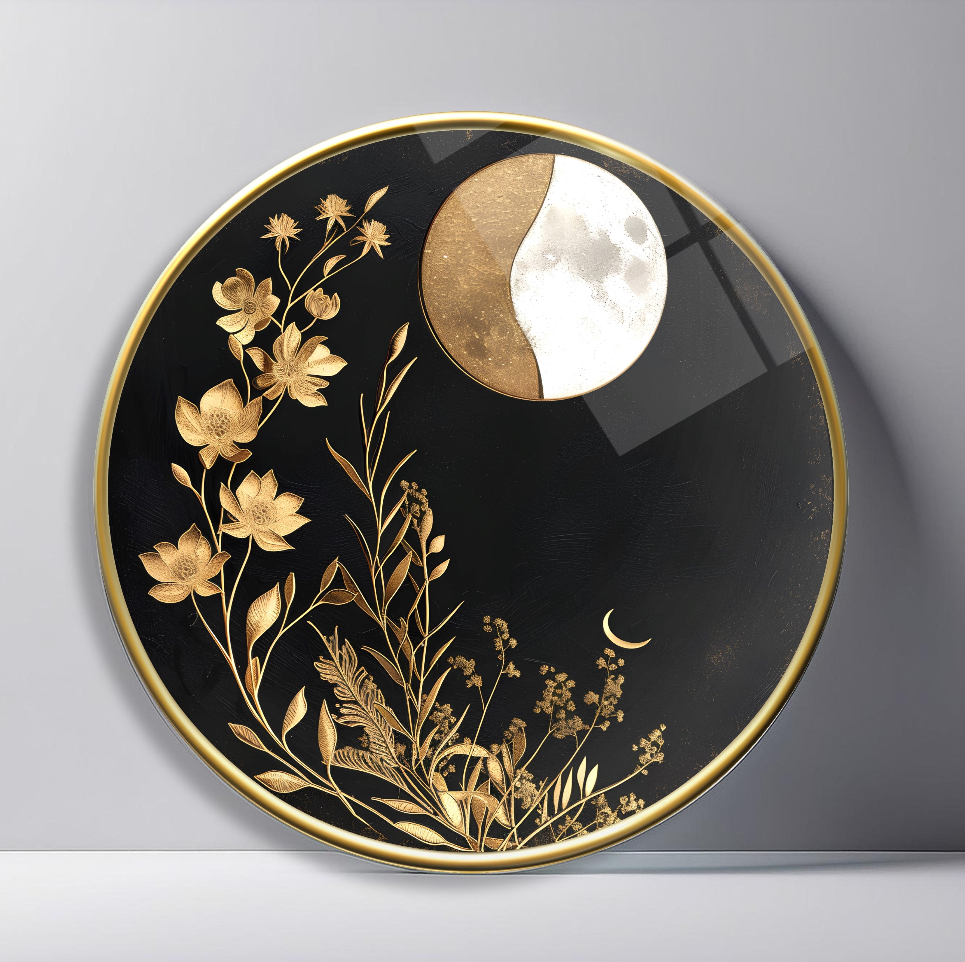 Golden Moon Botanical Night Round Glass Wall Art featuring golden wildflowers rising beneath a divided moon on black