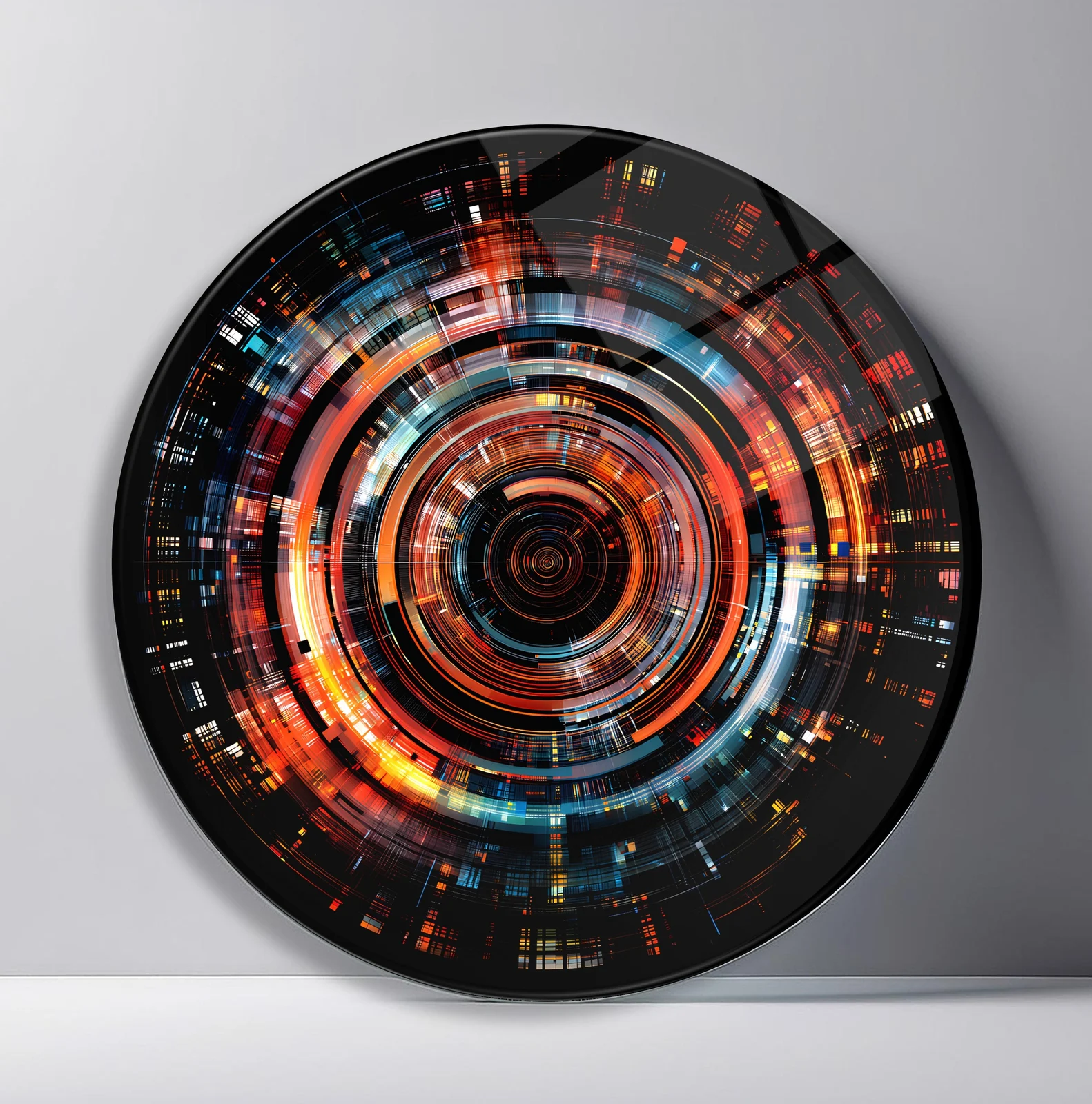 Cyber City Orbit Round Glass Wall Art featuring layered digital light rings resembling a futuristic city circuit