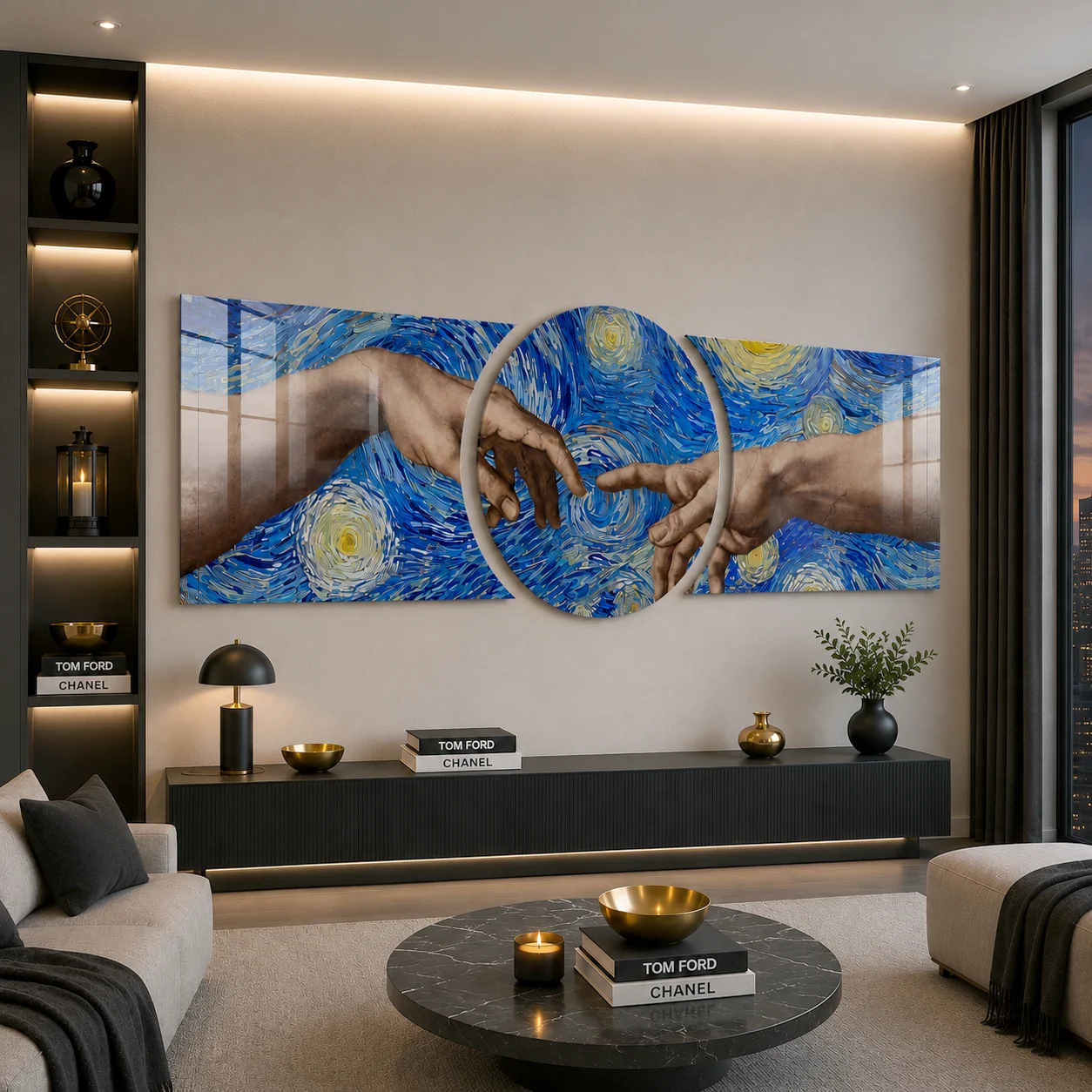 Creation of Adam in Blue Custom-Cut Three-Piece Glass Wall Art, displayed above a console in a warm modern living room
