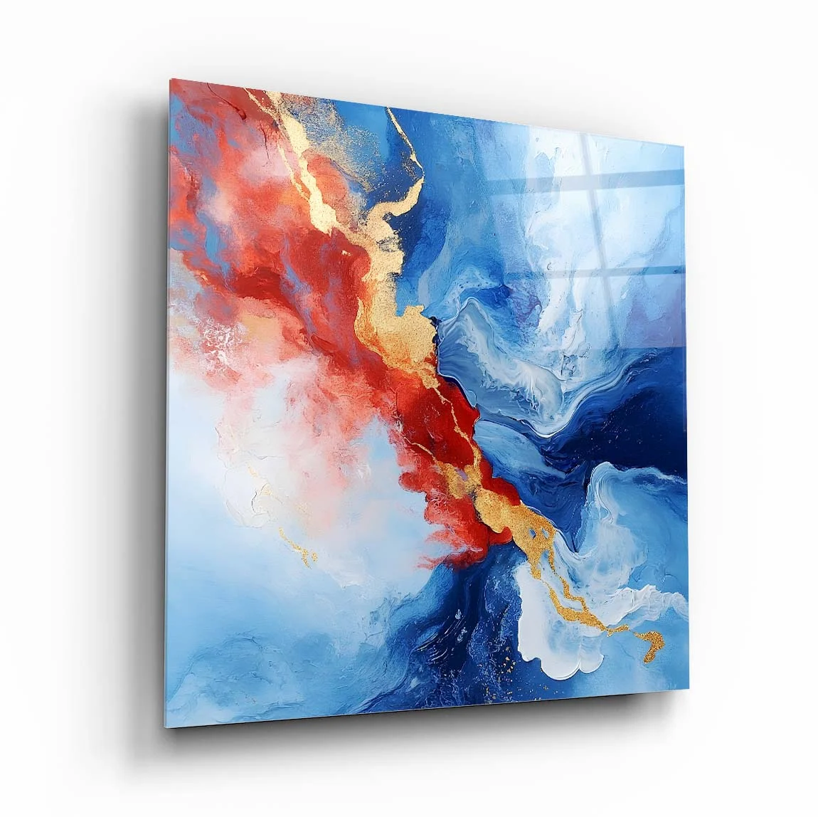 Blue Red Marble Current Square Glass Wall Art, front angled view