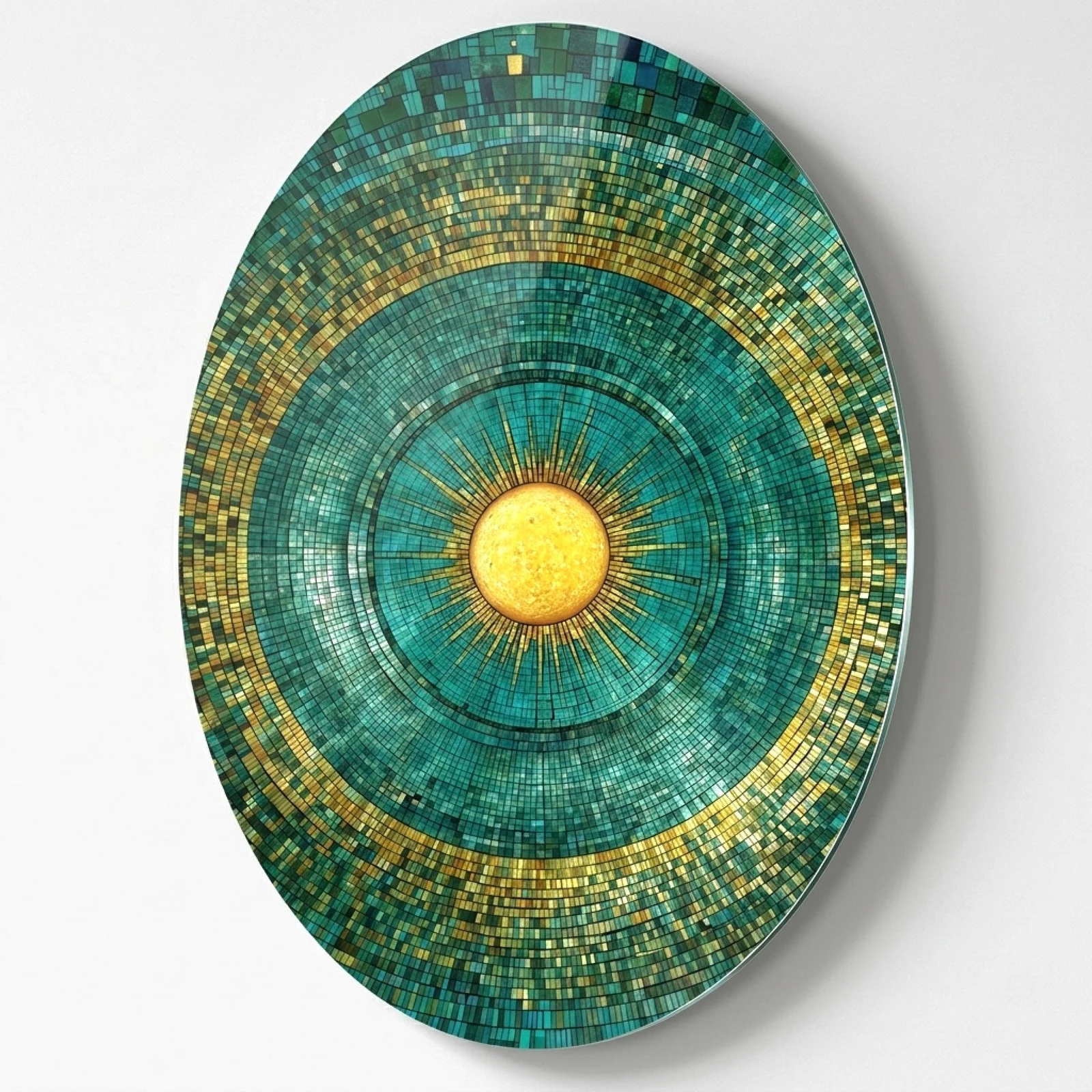 Turquoise and Gold Mosaic Sun Oval Glass Wall Art, front product view on a neutral background
