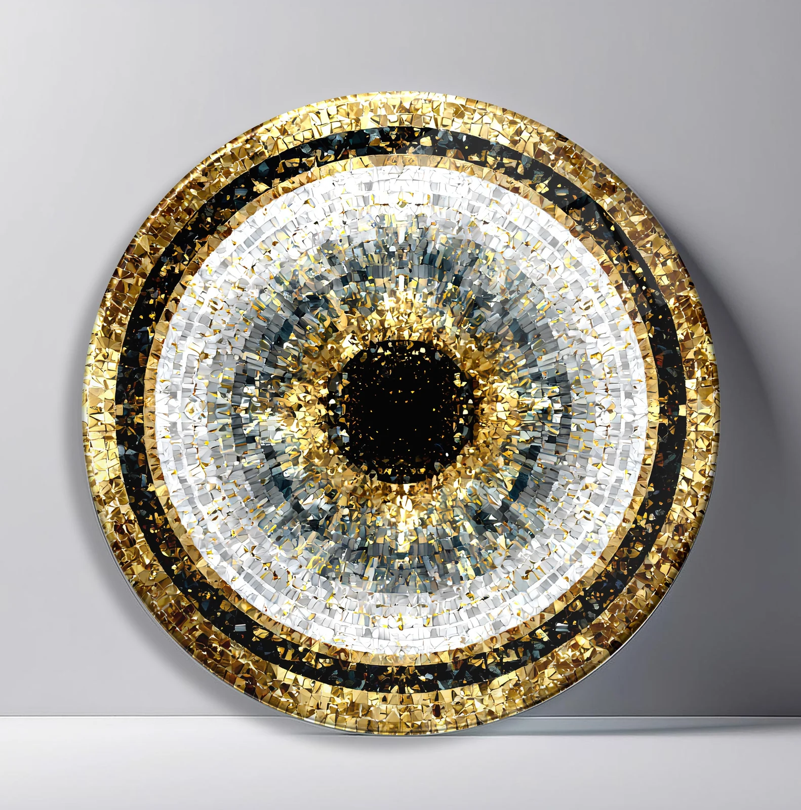 Black Gold Crystal Halo Round Glass Wall Art featuring black central disc surrounded by layered white and gold crystal rings