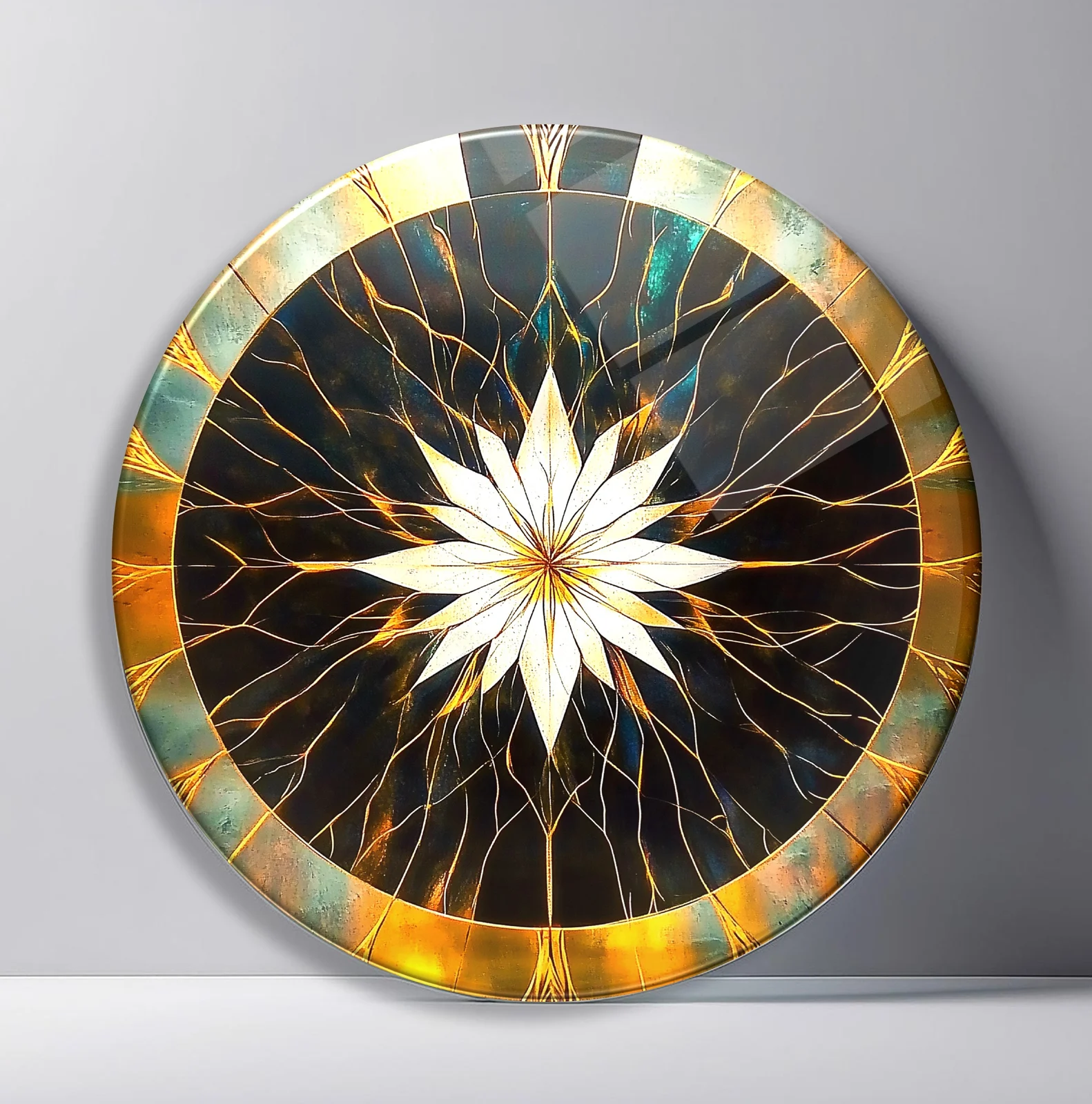 White Lotus in Black Gold Geometry Round Glass Wall Art featuring sharp white lotus centered within cracked black and gold radial panels