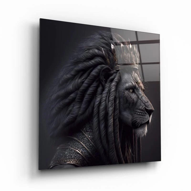 Crowned Black Lion Profile Square Glass Wall Art, front angled view