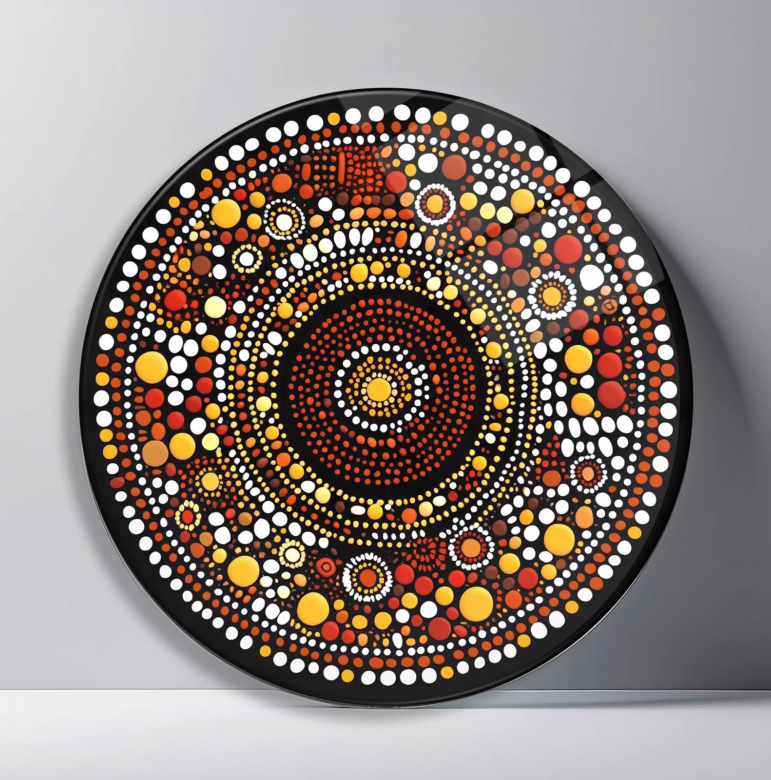 Earth Tone Dot Mandala Round Glass Wall Art featuring layered Aboriginal-inspired dot rings and organic circular motifs