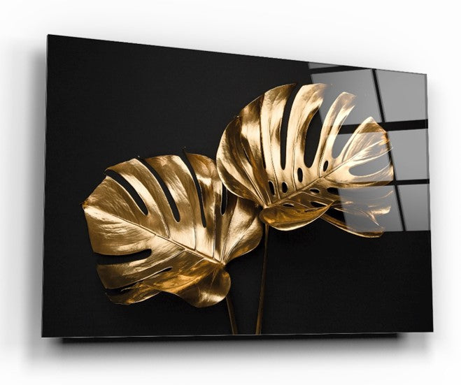 Gold Decorative Leaves Tempered Glass Wall Art, primary product view, model GA1691