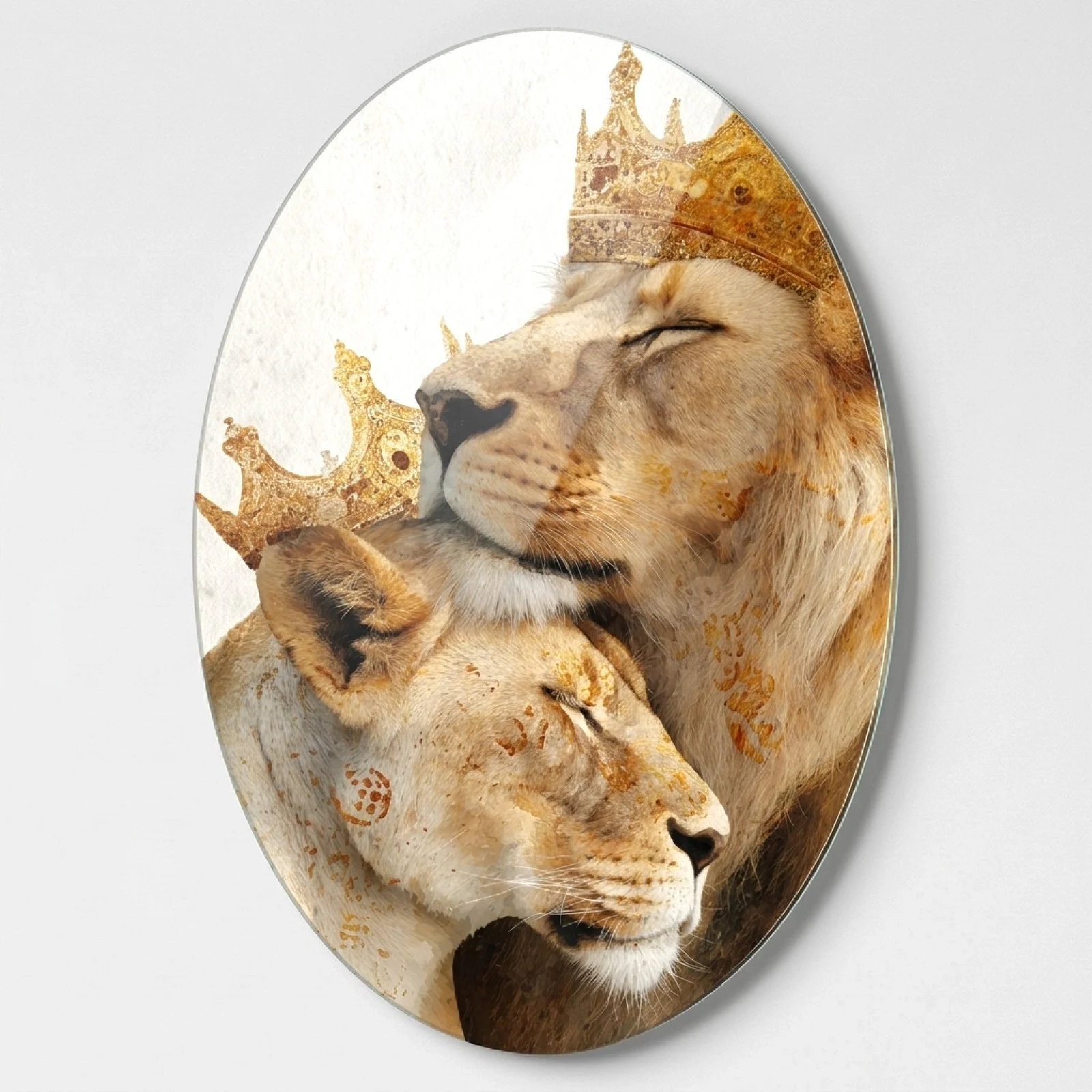 Royal Crowned Lions Oval Glass Wall Art, front product view on a neutral background