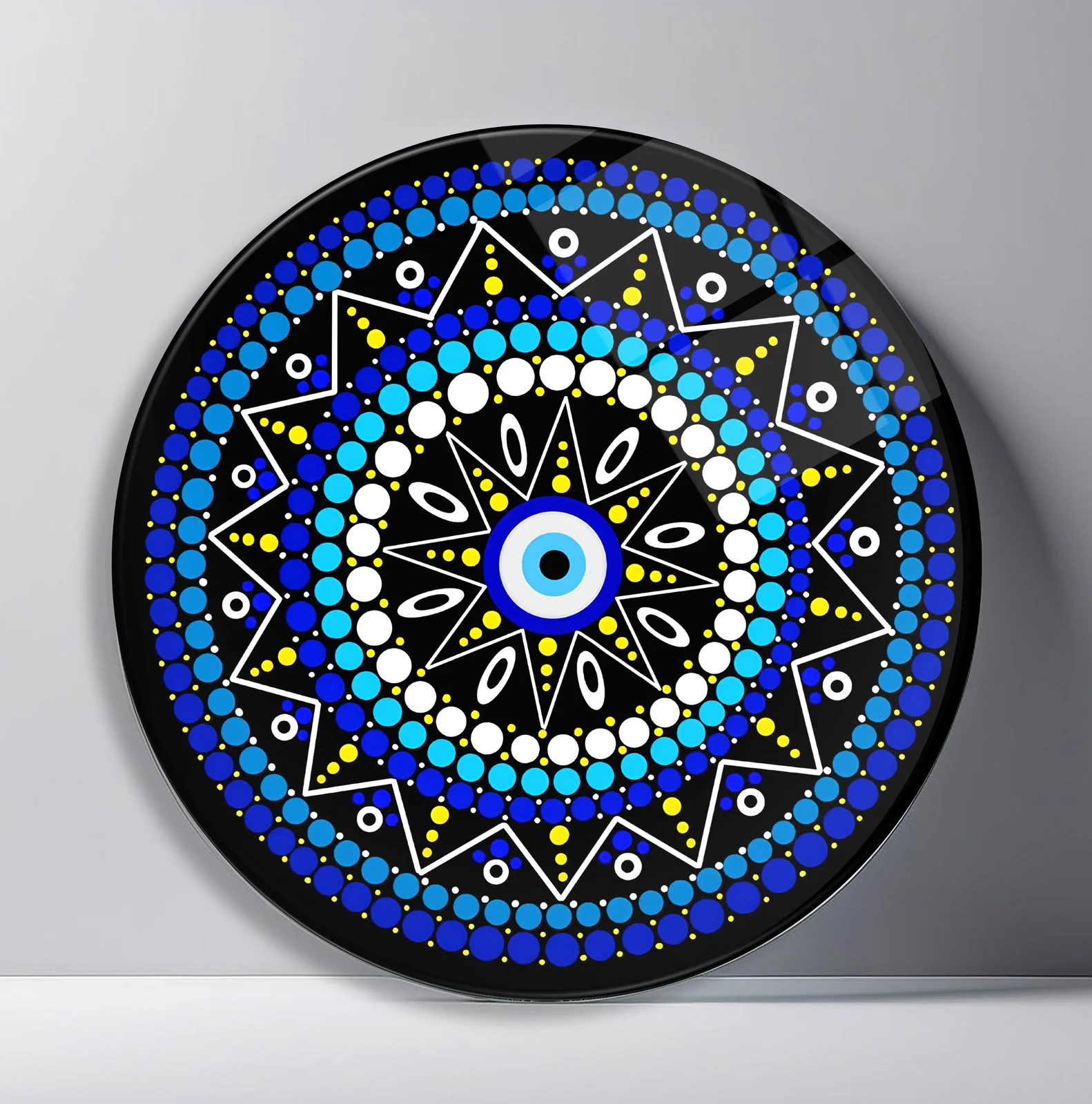 Midnight Nazar Mandala Round Glass Wall Art featuring protective blue eye centered in dotted geometric mandala rings