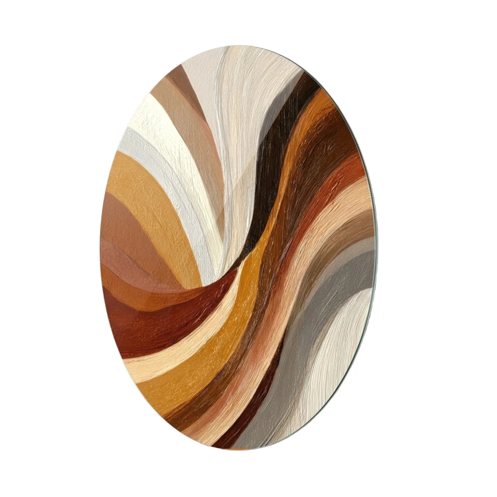 Earth Tone Flowing Abstract Oval Glass Wall Art, front product view on a neutral background