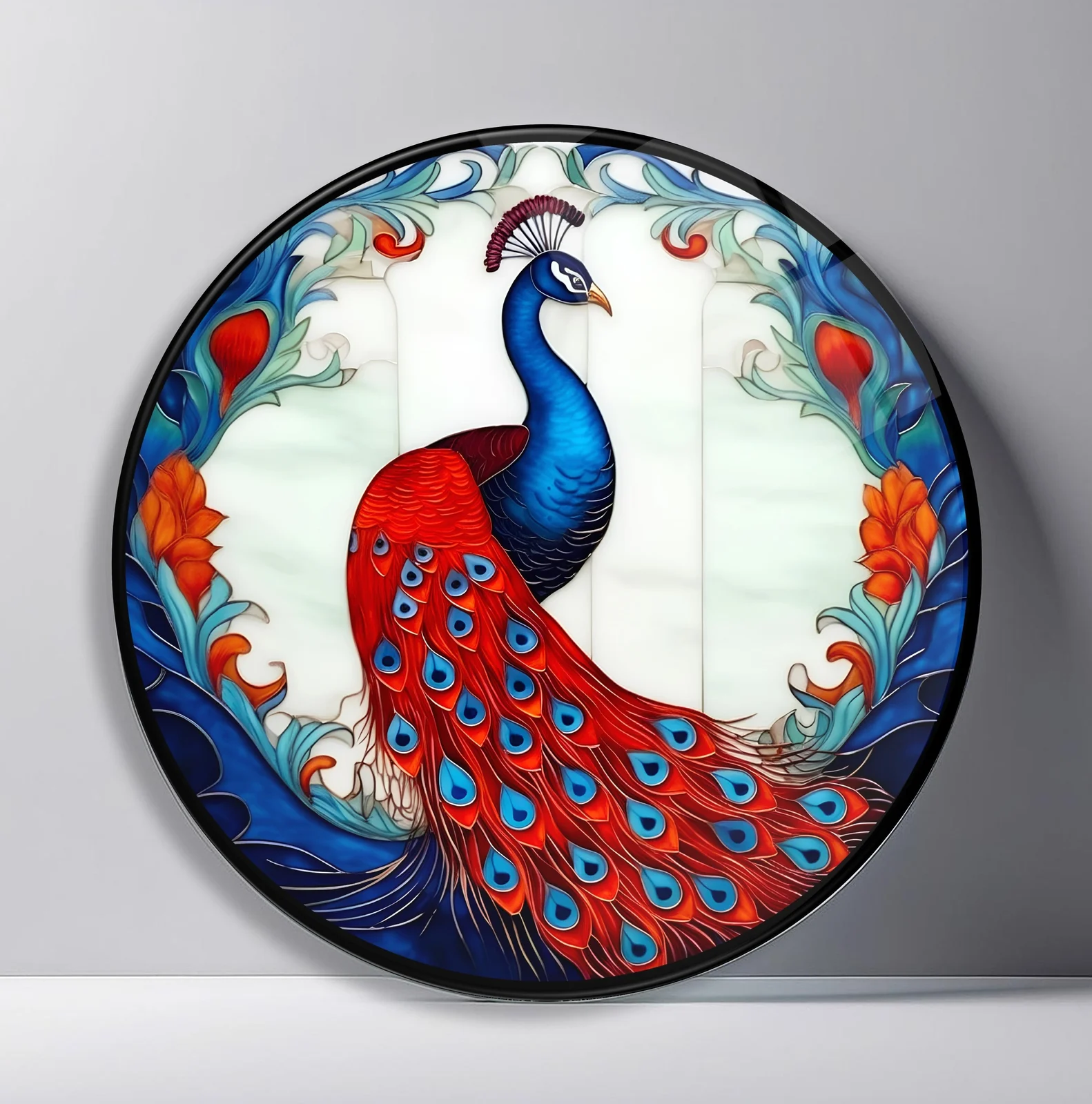 Crimson Tail Peacock Round Glass Wall Art featuring blue peacock with a sweeping red eye-feather tail framed by floral corners