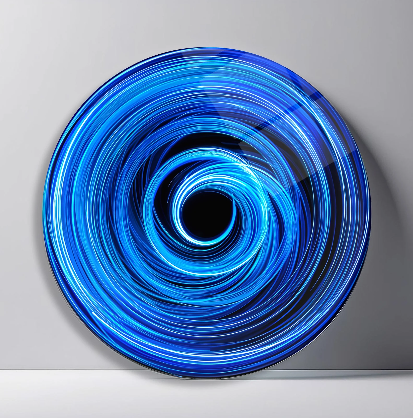 Electric Blue Light Vortex Round Glass Wall Art featuring cobalt and aqua light trails circling a black center