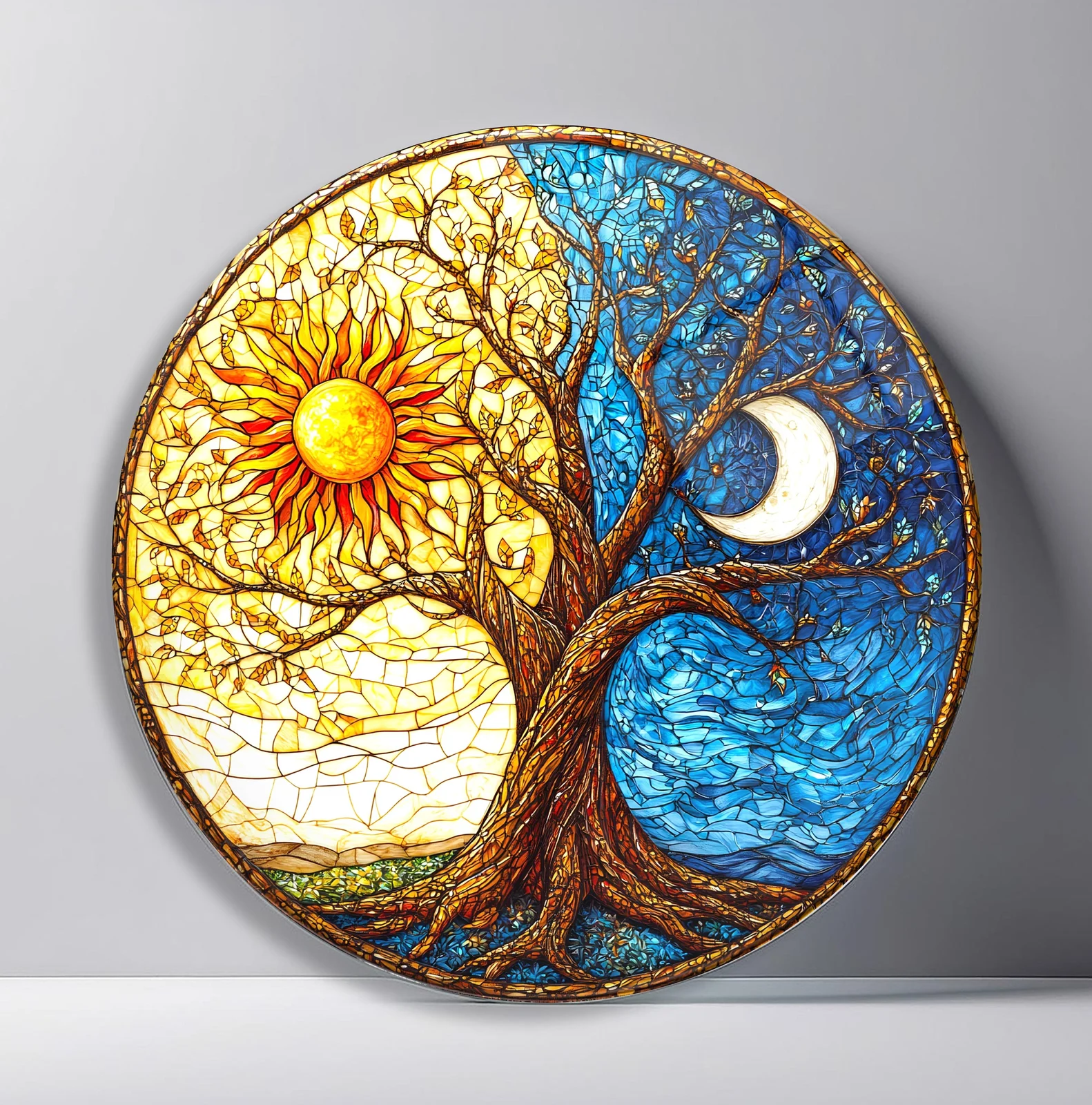 Sun and Moon Tree Round Glass Wall Art featuring rooted tree dividing a golden sunlit sky from a blue moonlit night
