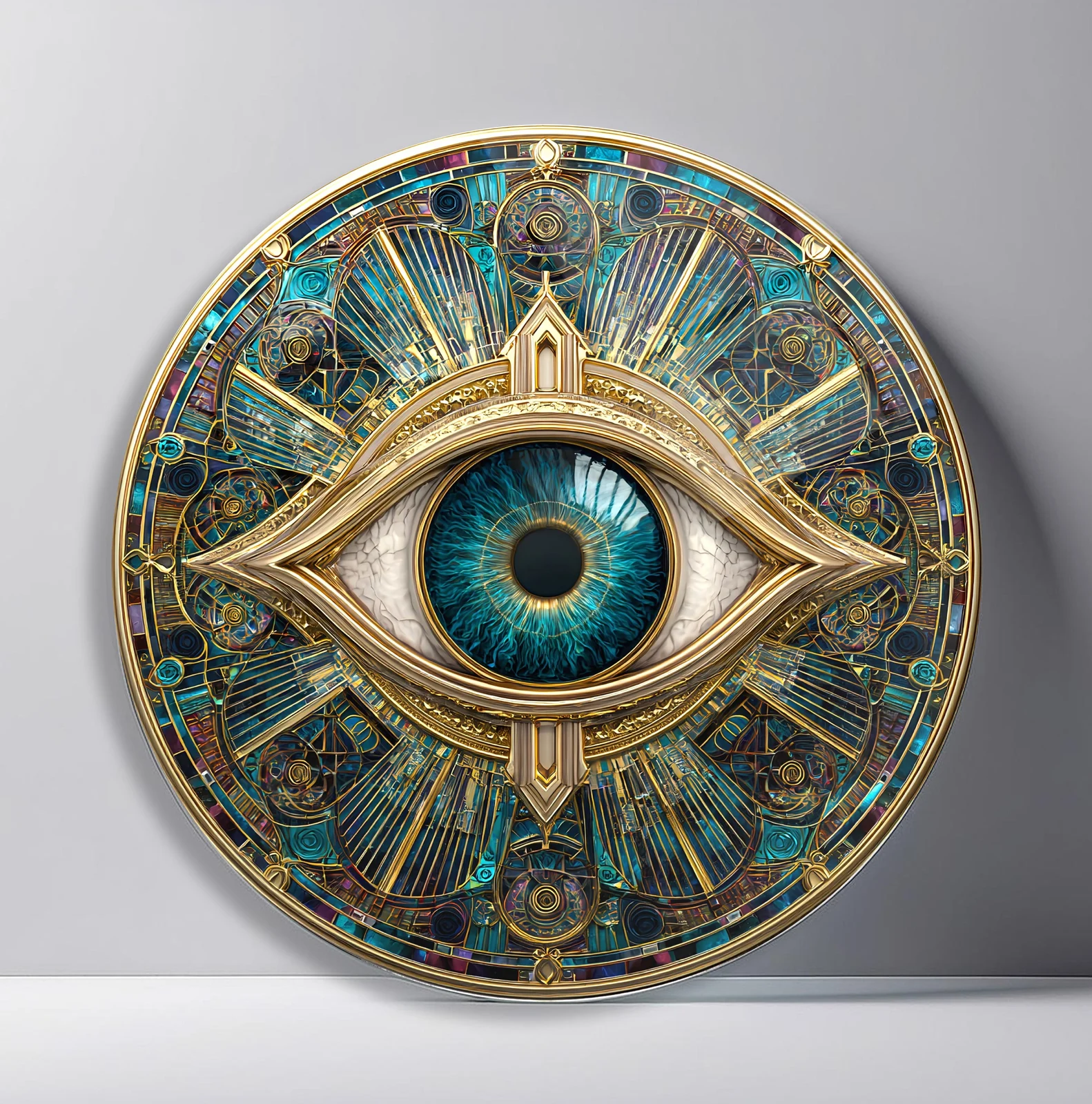 Mystic Mechanical Eye Round Glass Wall Art featuring blue eye set within elaborate brass mechanical geometry