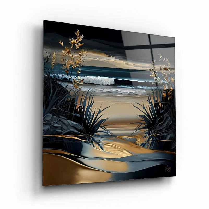 Moonlit Coastal Grasses Square Glass Wall Art, front angled view
