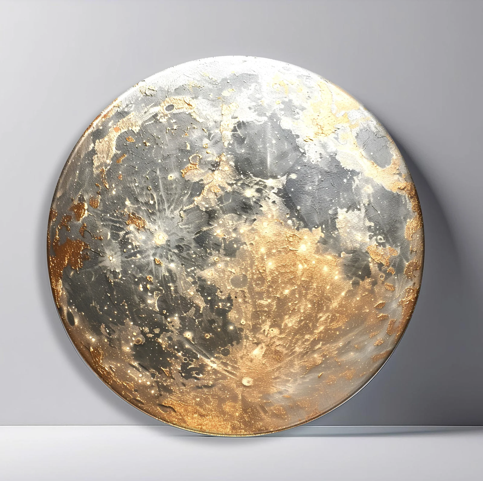 Luminous Full Moon Round Glass Wall Art featuring detailed full moon glowing with silver and warm golden patches