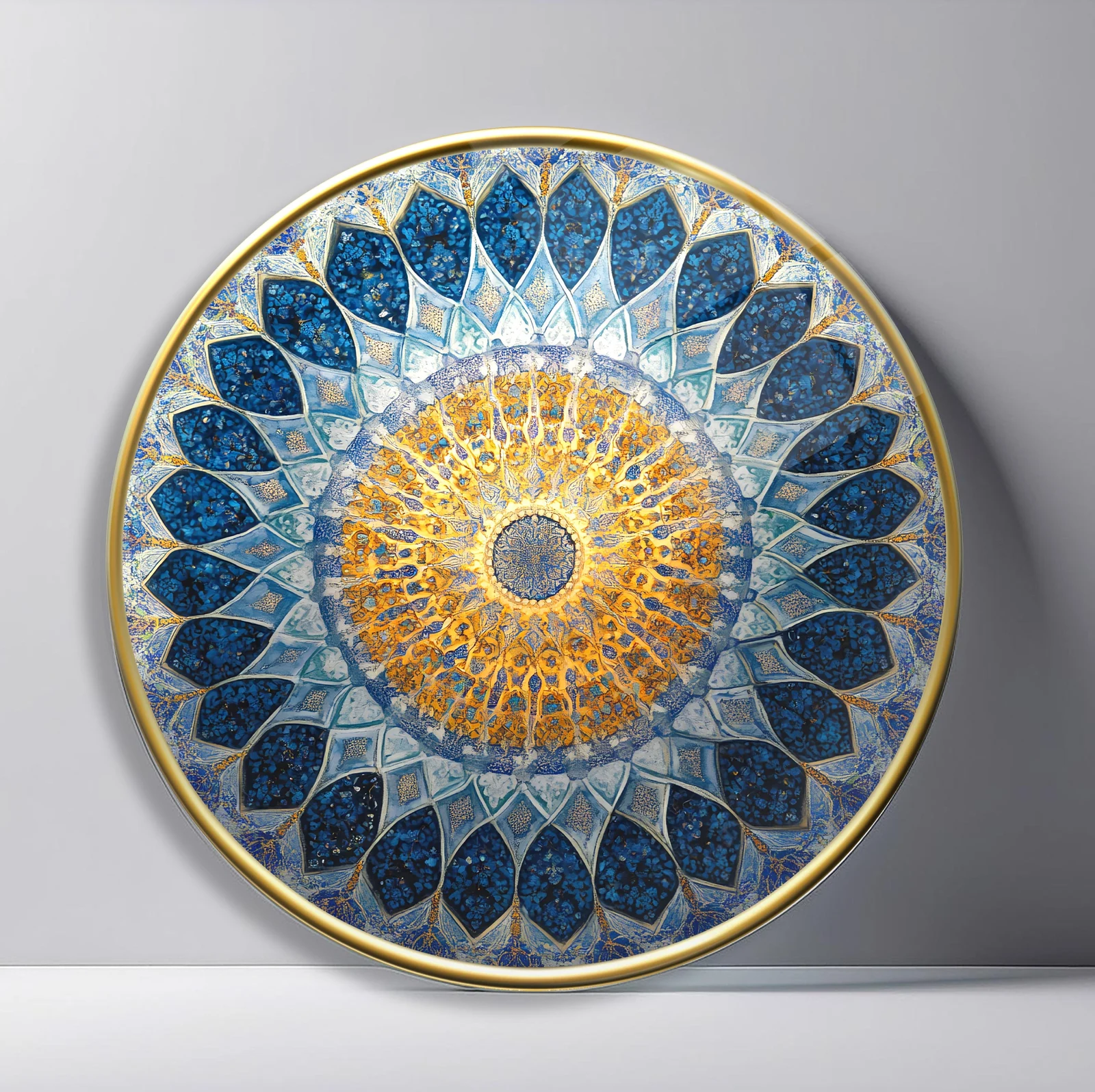 Sapphire Gold Floral Mandala Round Glass Wall Art featuring layered blue stone petals circling a brilliant gold filigree center