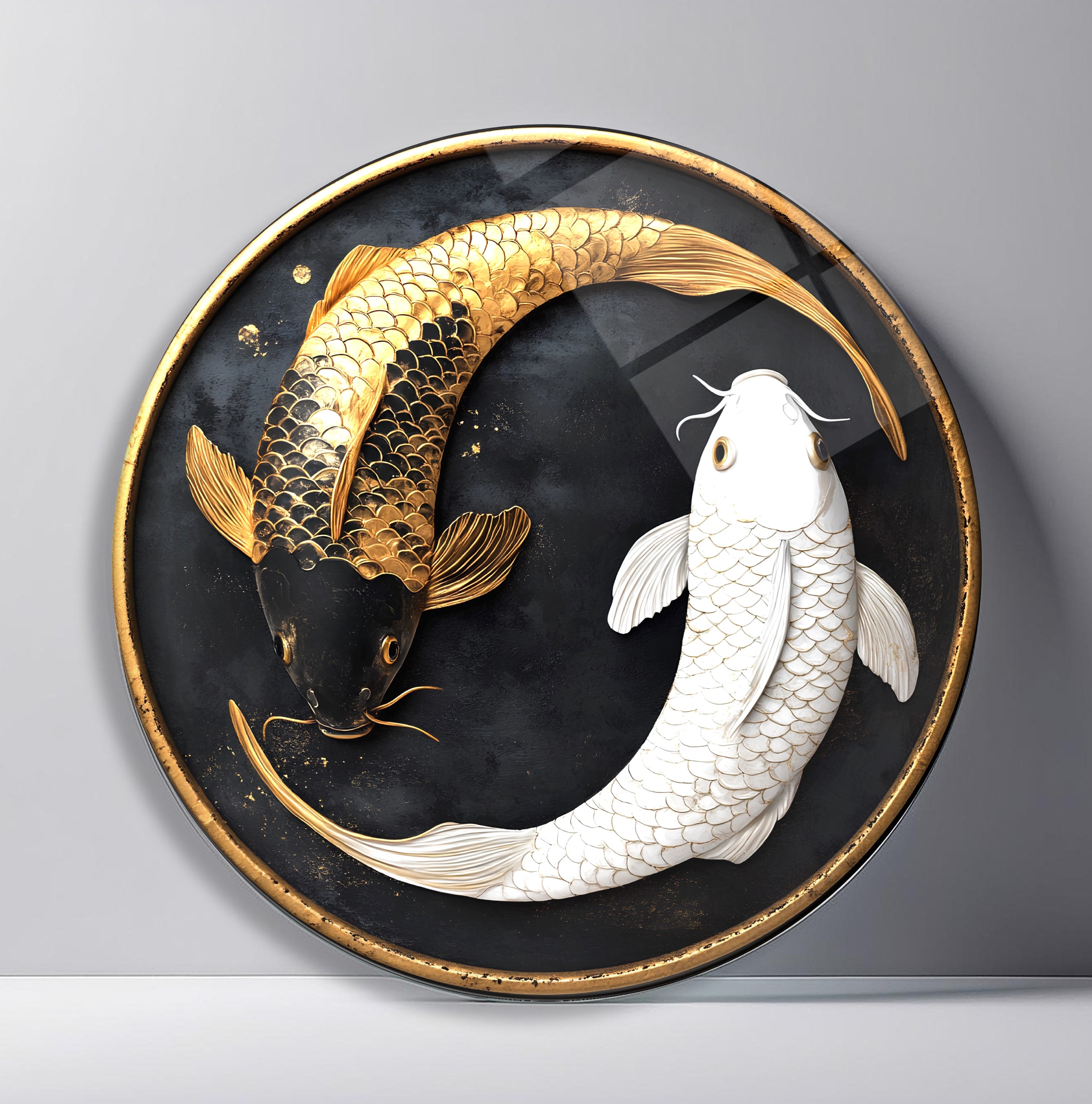 Black White Koi Yin Yang Round Glass Wall Art front view, leaning against a neutral wall