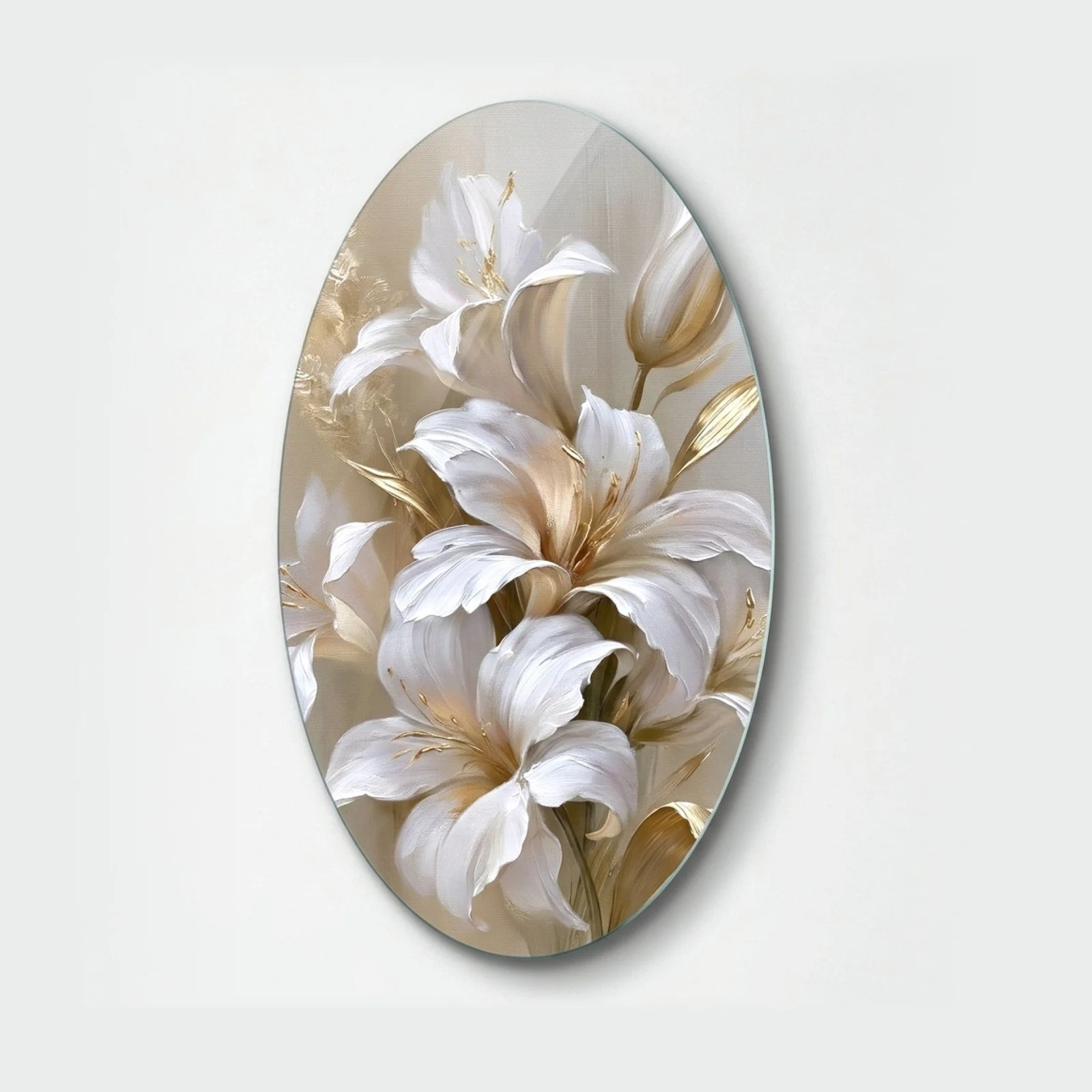White Lilies and Gold Oval Glass Wall Art, front product view on a neutral background