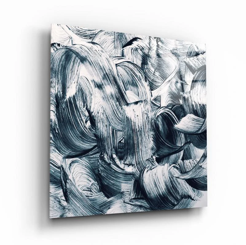 Monochrome Brushstroke Rhythm Square Glass Wall Art, front angled view